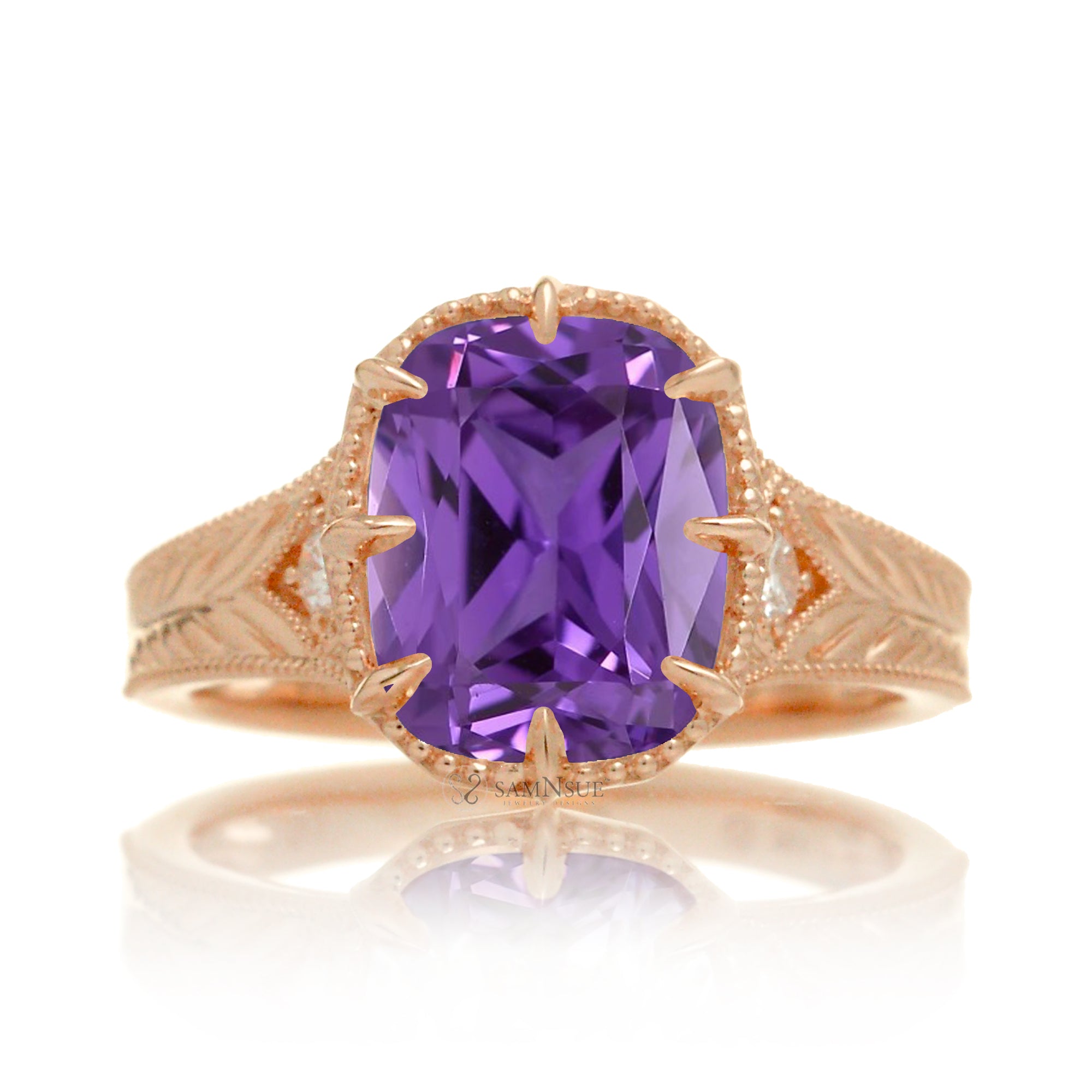 Cushion purple sapphire set in a vintage Taylor Swift inspired rose gold ring