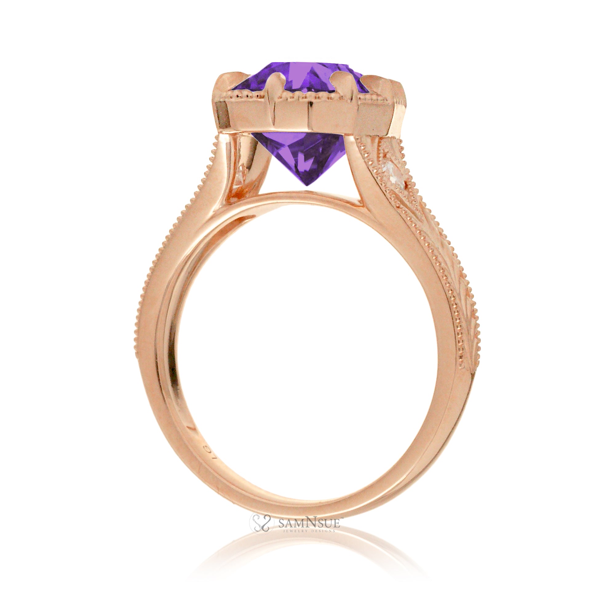 Cushion purple sapphire set in a vintage Taylor Swift inspired rose gold ring