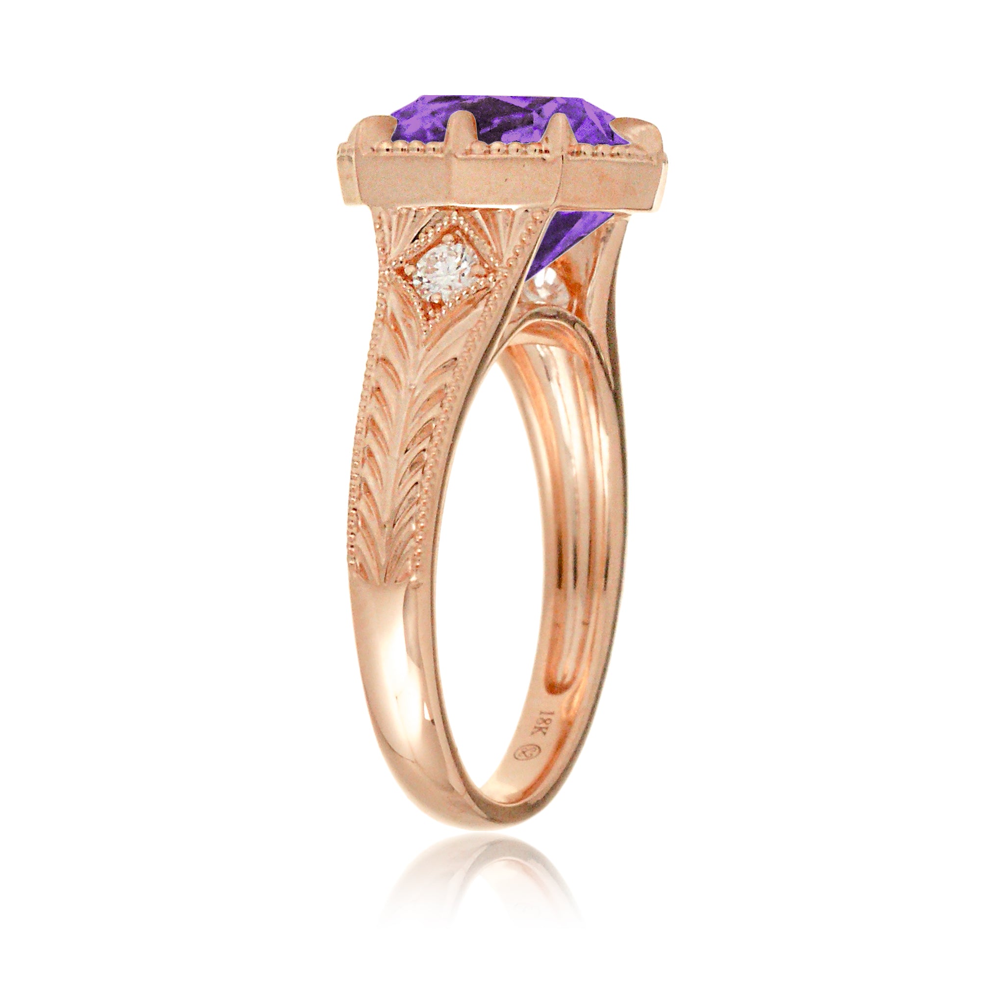 Cushion purple sapphire set in a vintage Taylor Swift inspired rose gold ring