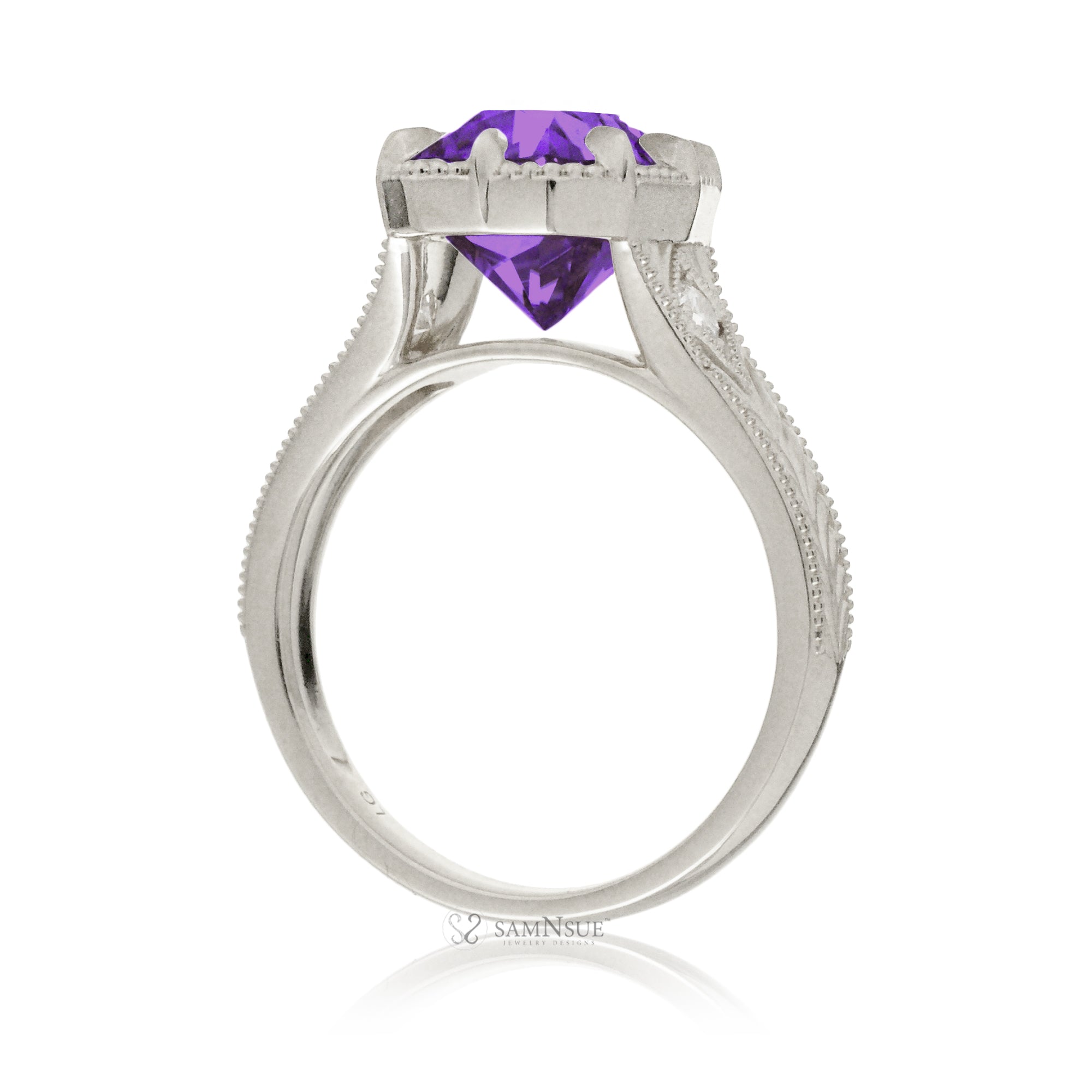 Cushion purple sapphire set in a vintage Taylor Swift inspired white gold ring