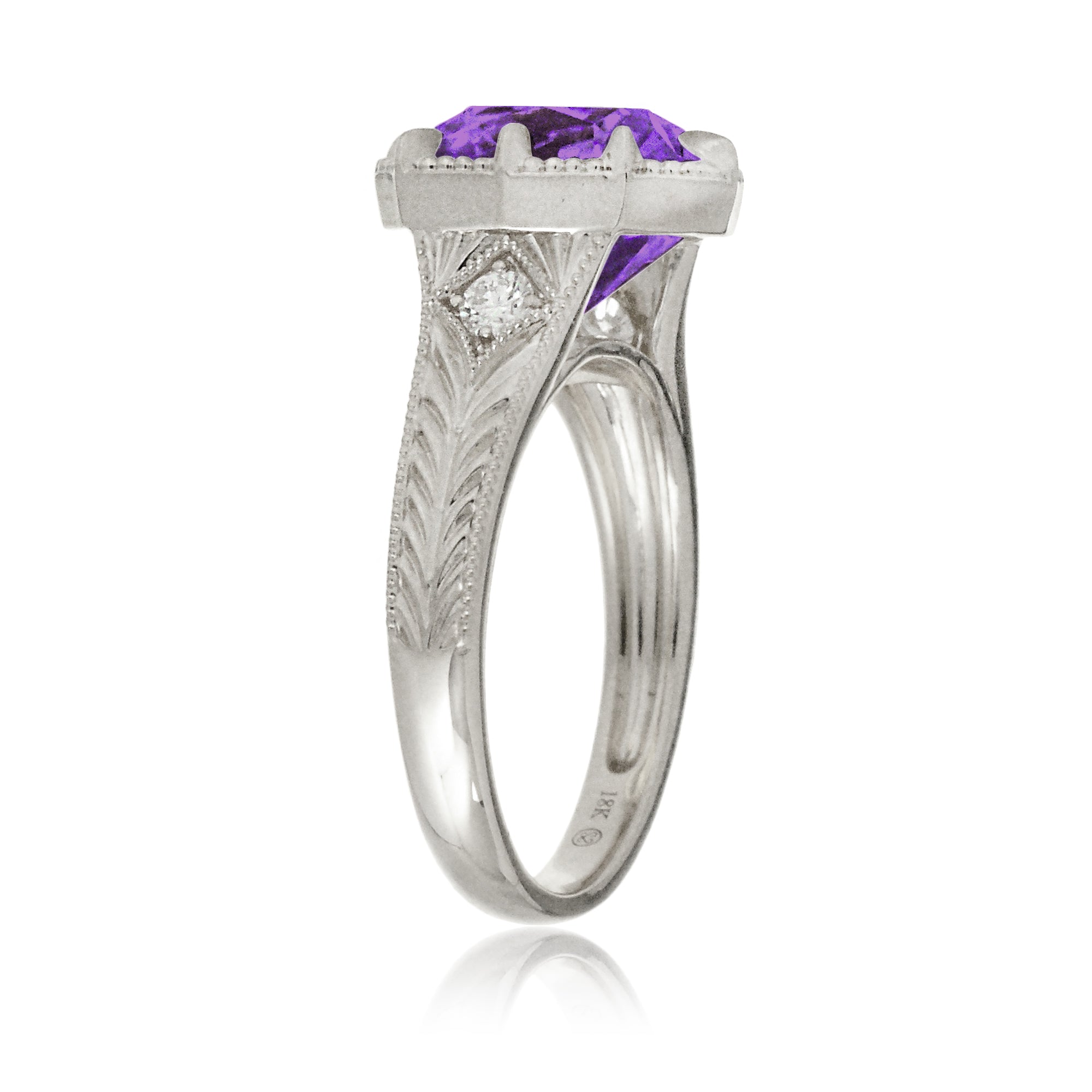 Cushion purple sapphire set in a vintage Taylor Swift inspired white gold ring