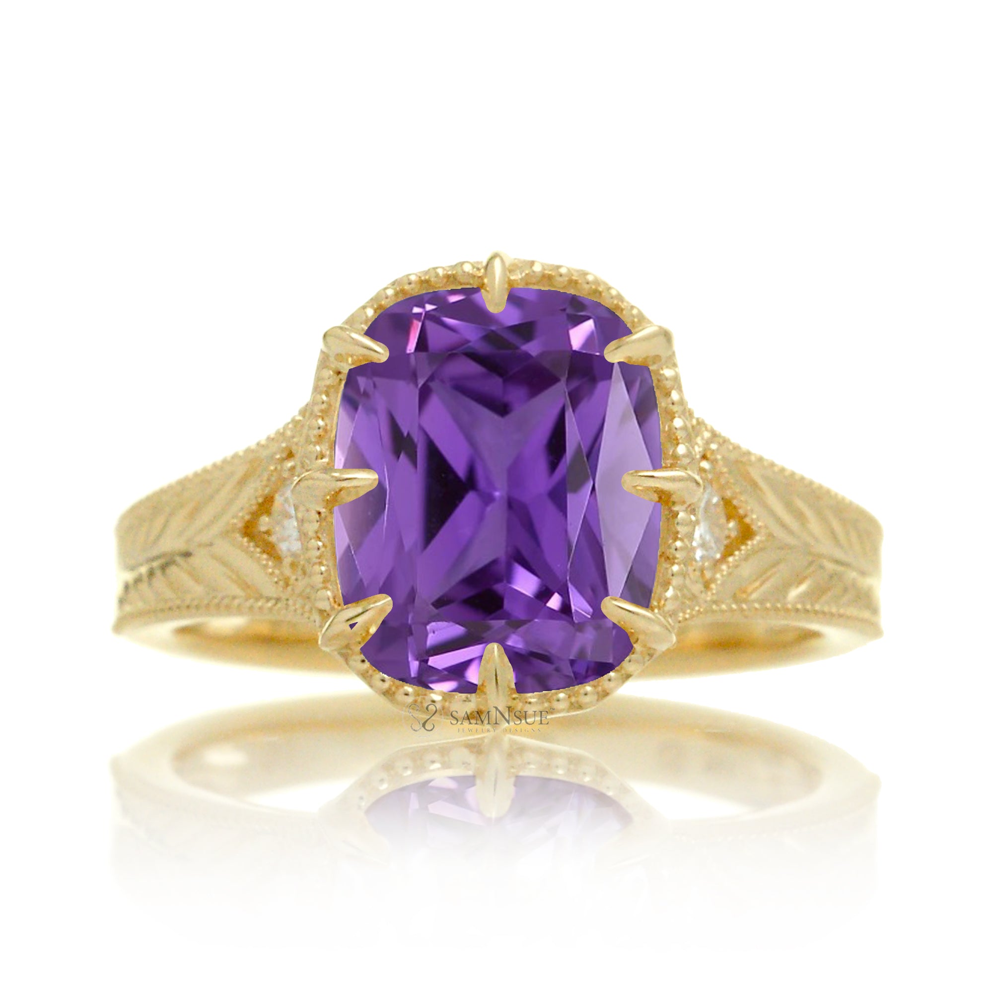 Cushion purple sapphire set in a vintage Taylor Swift inspired yellow gold ring
