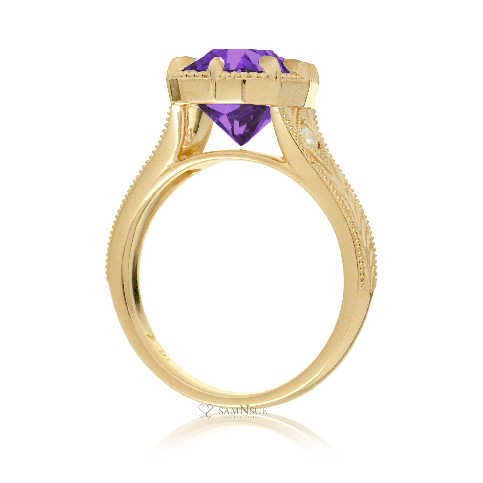 Cushion purple sapphire set in a vintage Taylor Swift inspired yellow gold ring