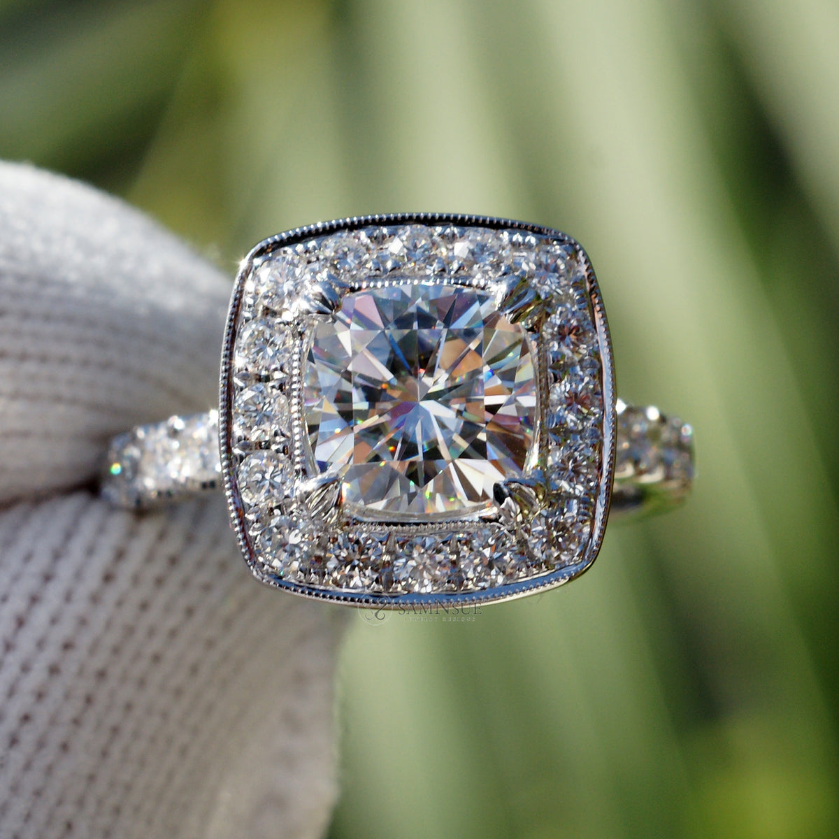 The Leila Halo Cushion Moissanite Ring Diamond Halo (7x7mm)