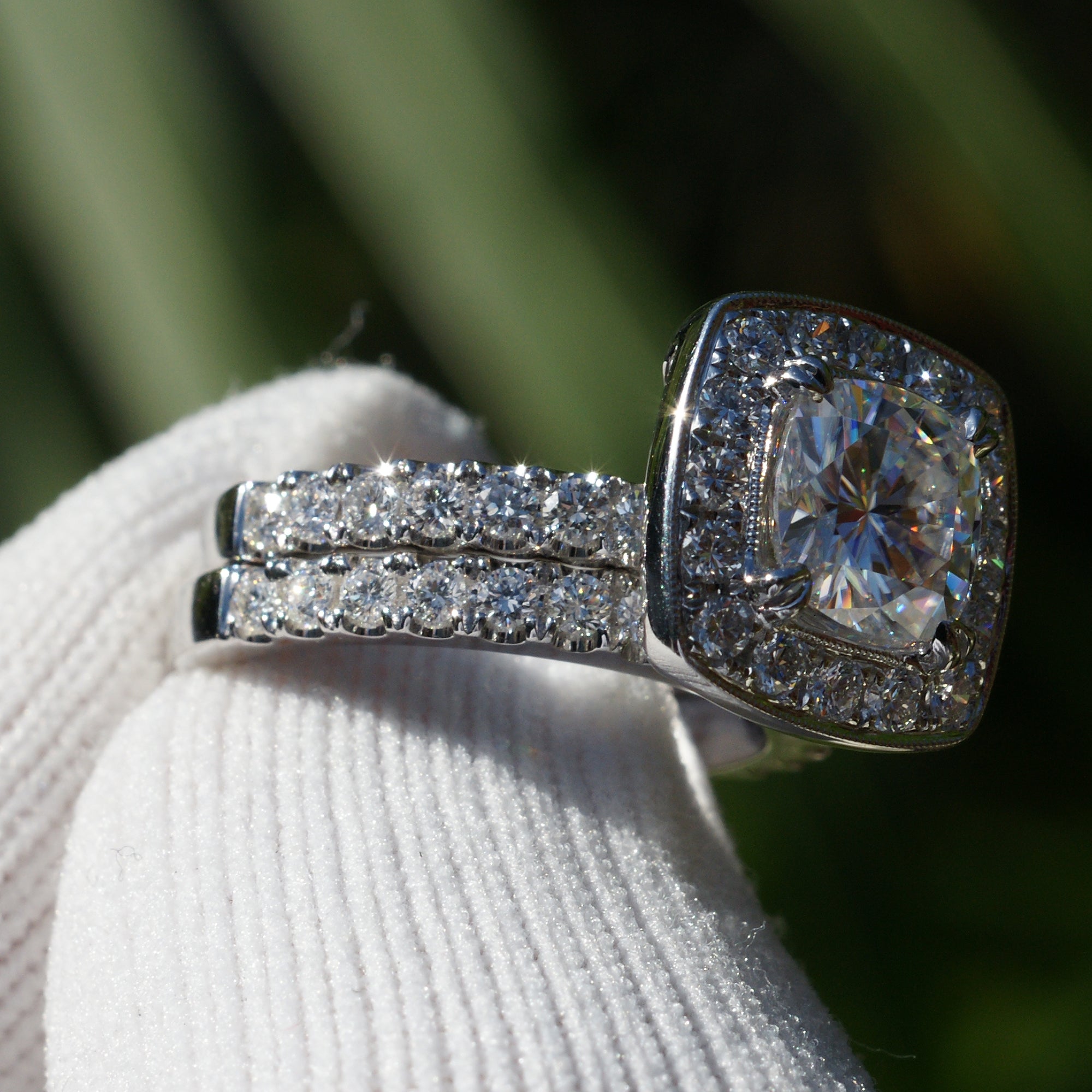 The Leila Halo Cushion Moissanite Ring Wedding Set