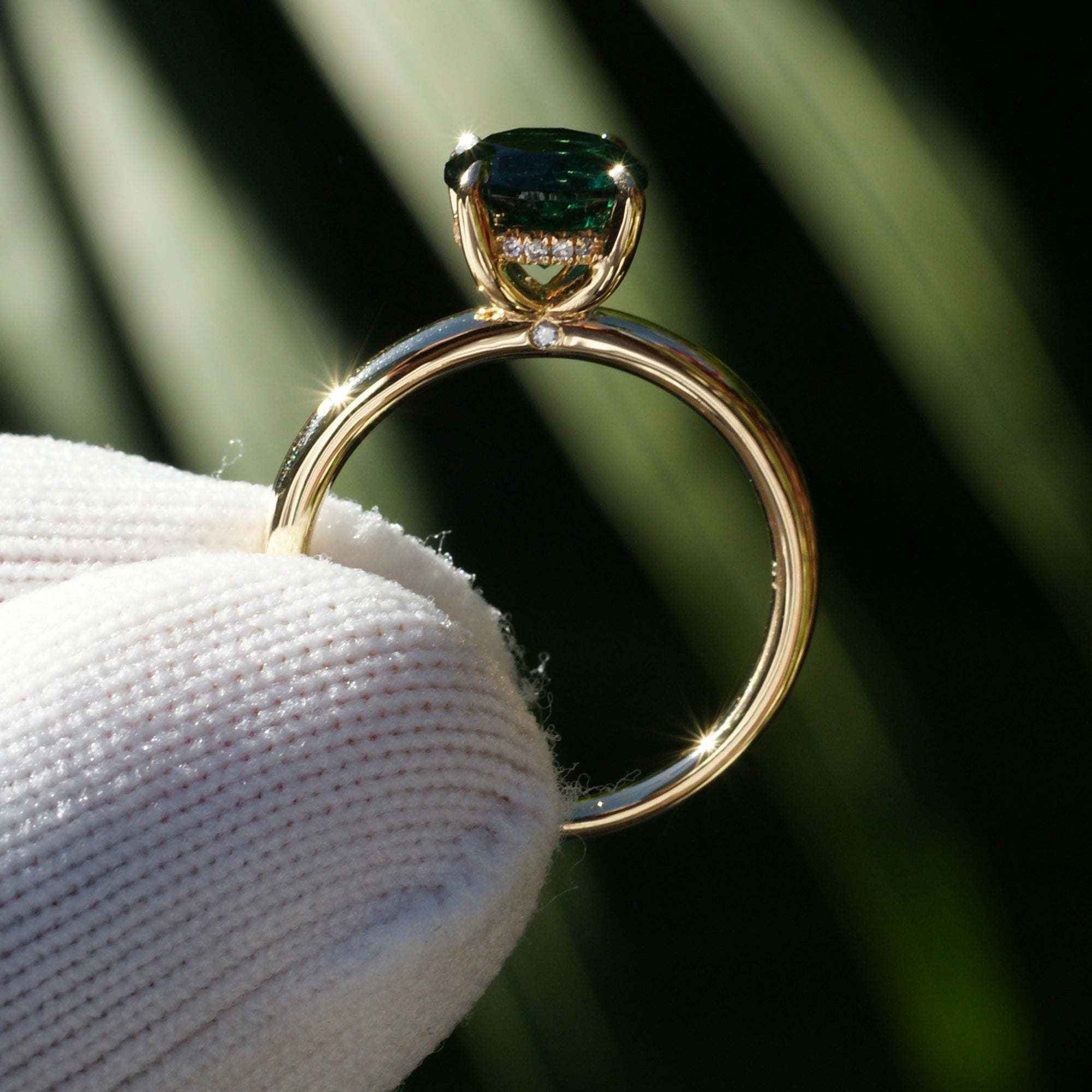 Round cut emerald hidden halo solitaire engagement ring yellow gold the Lucy