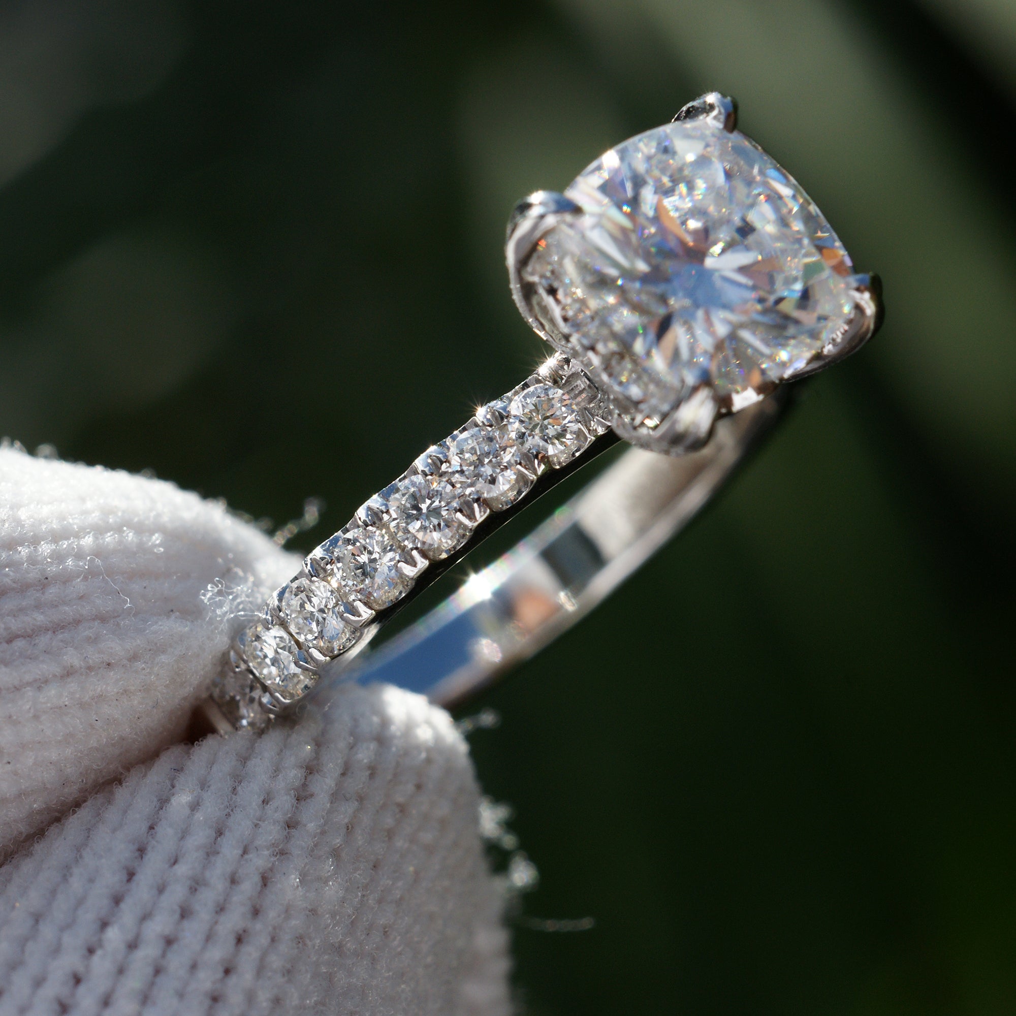The Leila Solitaire Cushion Moissanite & Diamond Wedding Set