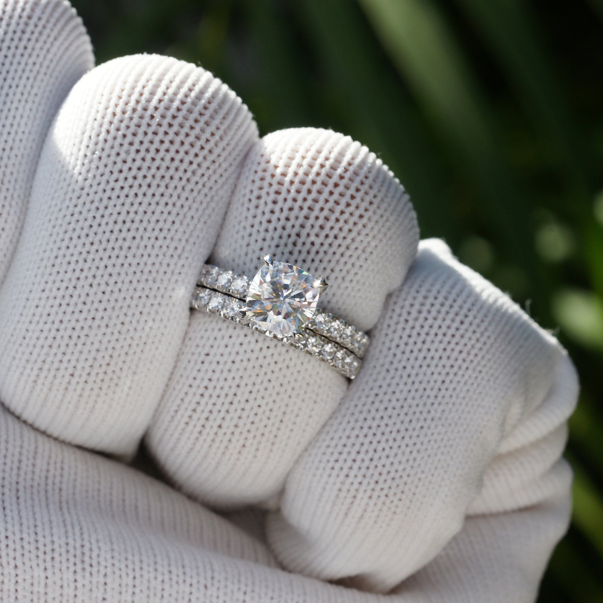The Leila Solitaire Cushion Moissanite & Diamond Wedding Set