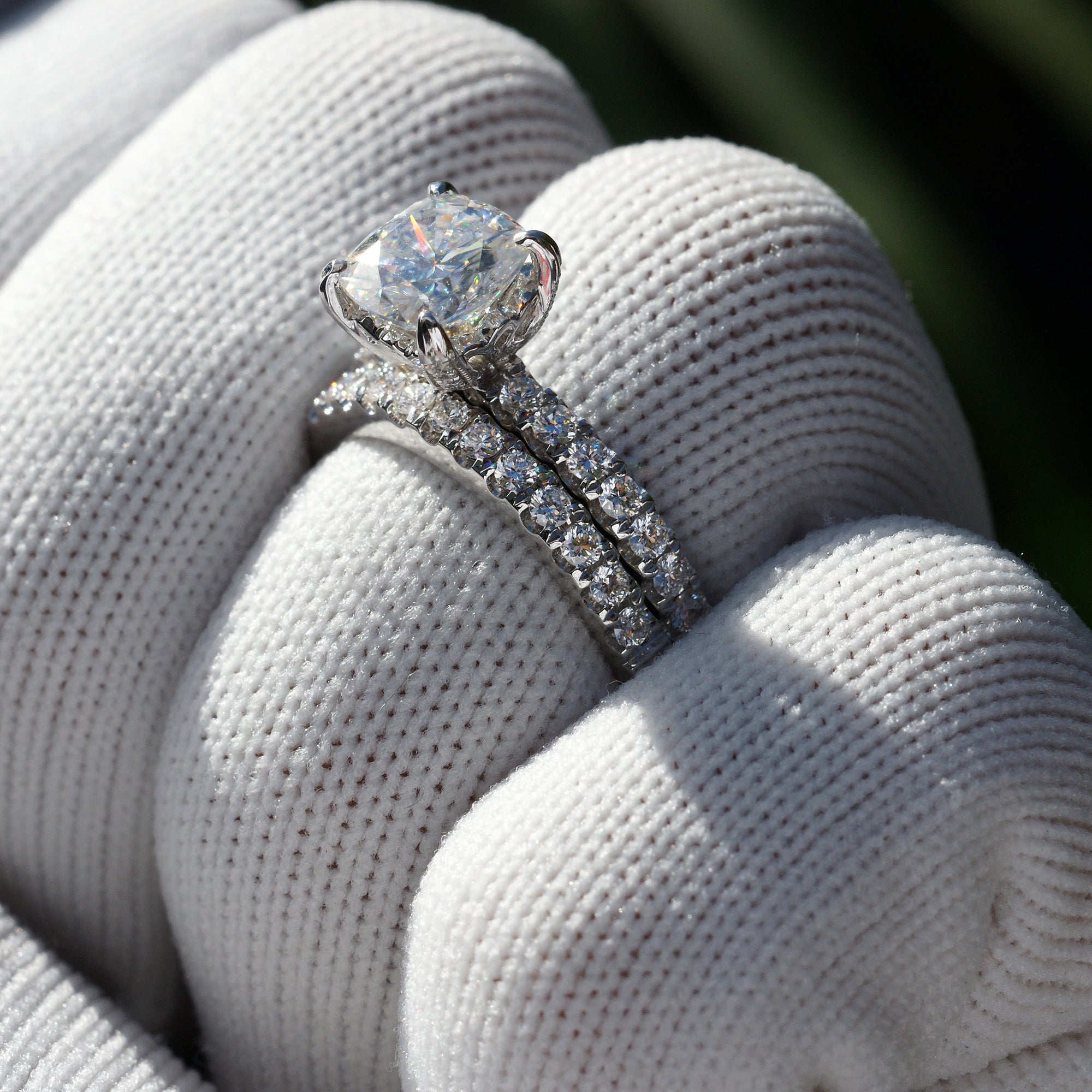 The Leila Solitaire Cushion Moissanite & Diamond Wedding Set