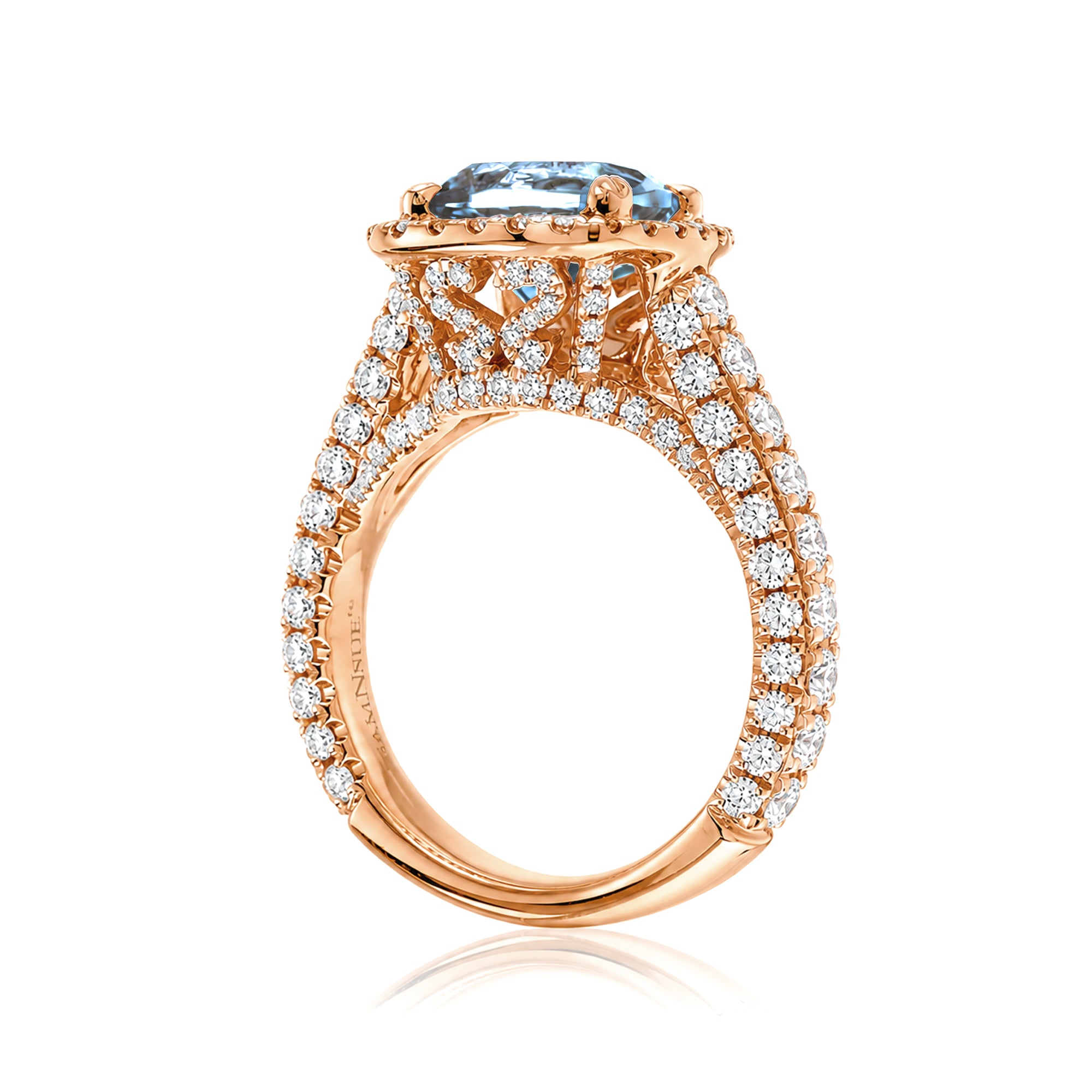 Cushion-cut aquamarine engagement ring in rose gold with diamond halo and pavé diamond shoulders The Tamara