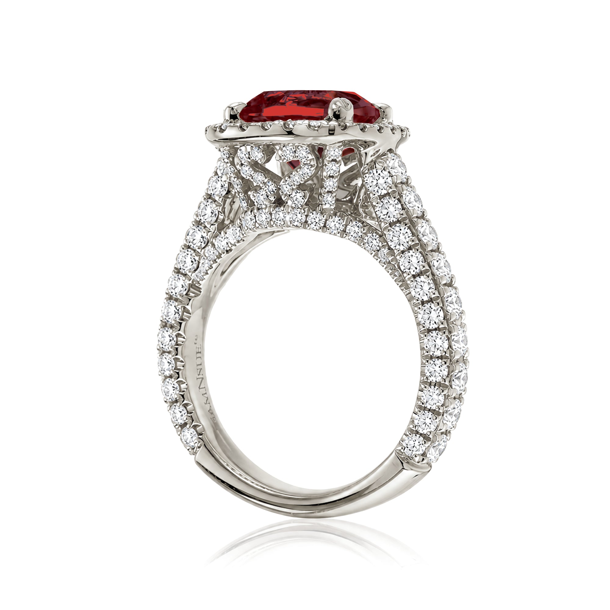 The Tamara Cushion Cut Ruby Large Diamond Band and Halo Three Dimensional 3/4 down white gold