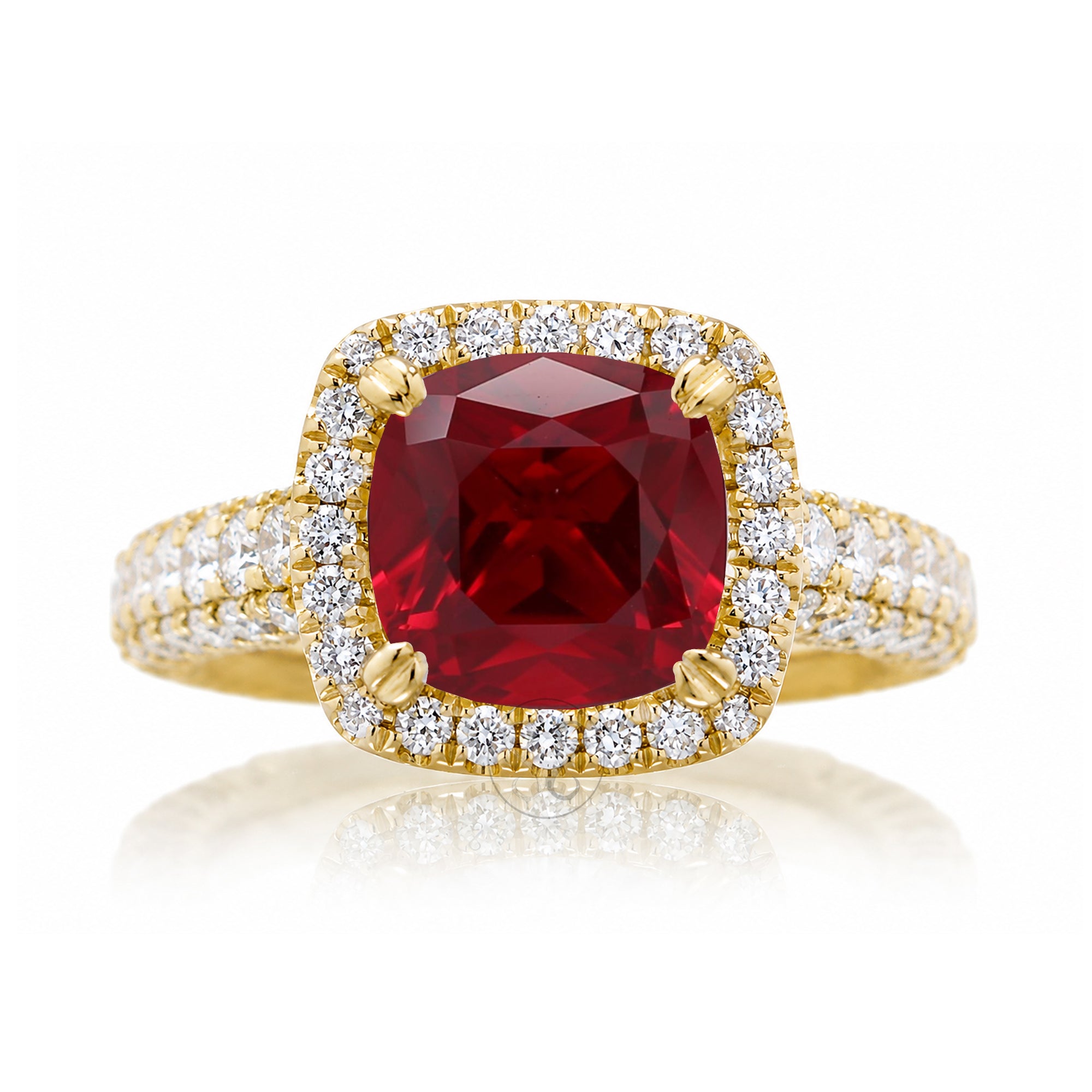 The Tamara Cushion Cut Ruby Large Diamond Band and Halo Three Dimensional 3/4 down yellow gold