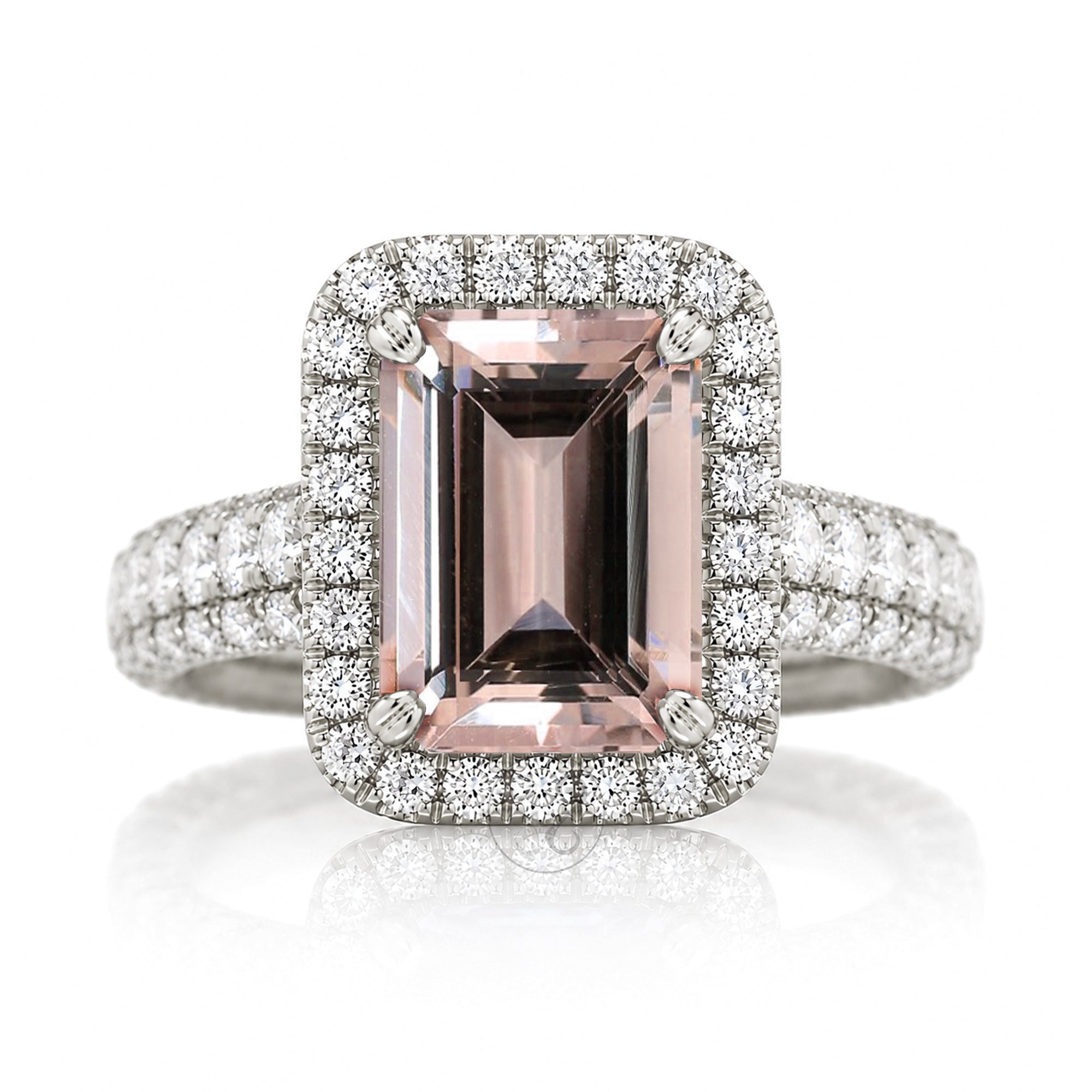 Morganite engagement ring emerald cut with diamond halo and large thick three rows band white gold
