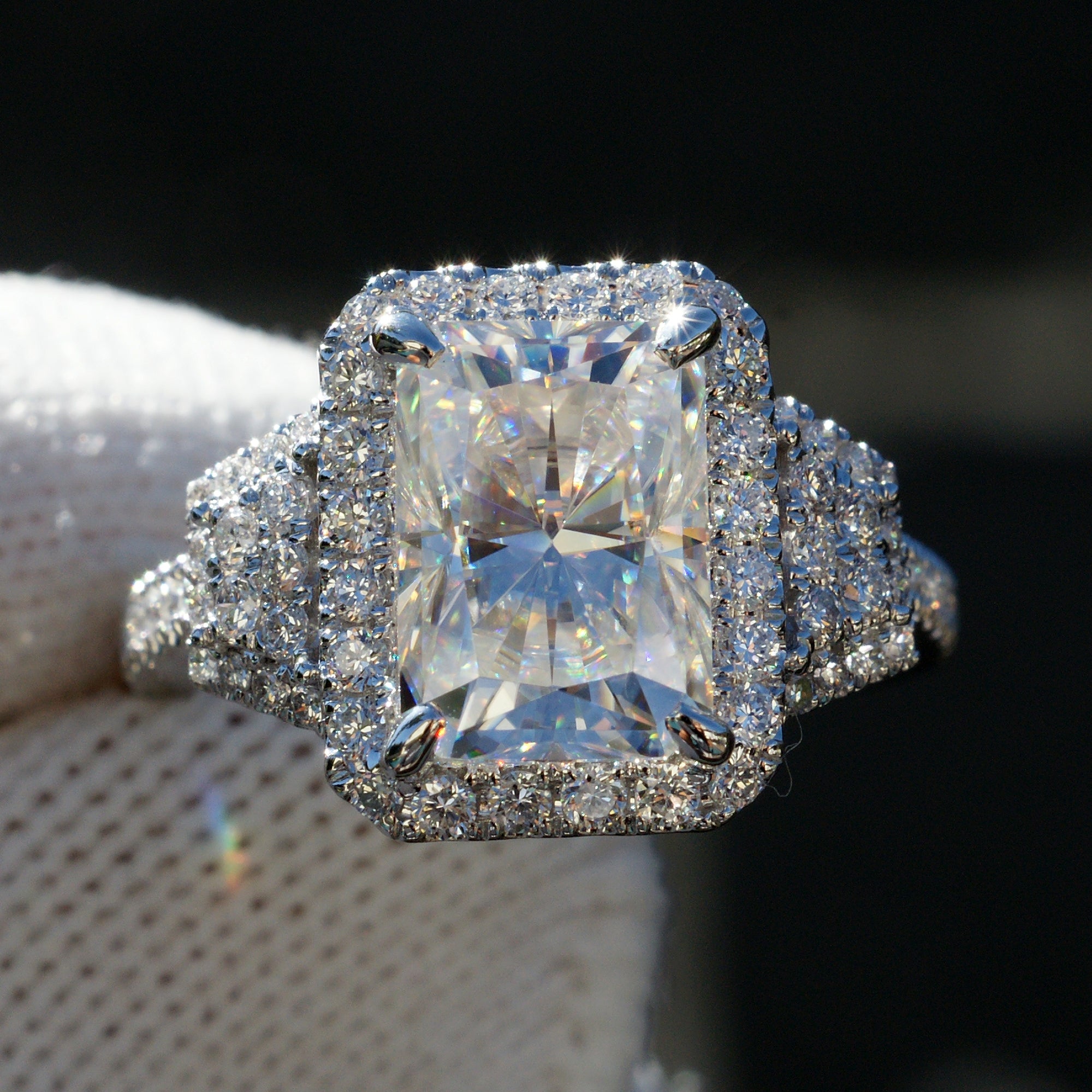The Taylor Halo Radiant Cut Moissanite Ring In Stock In White Gold