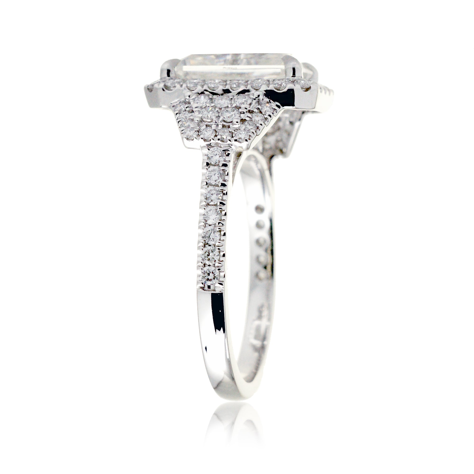 Radiant moissanite ring with a three stone design side trapezoid shape halo ring white gold