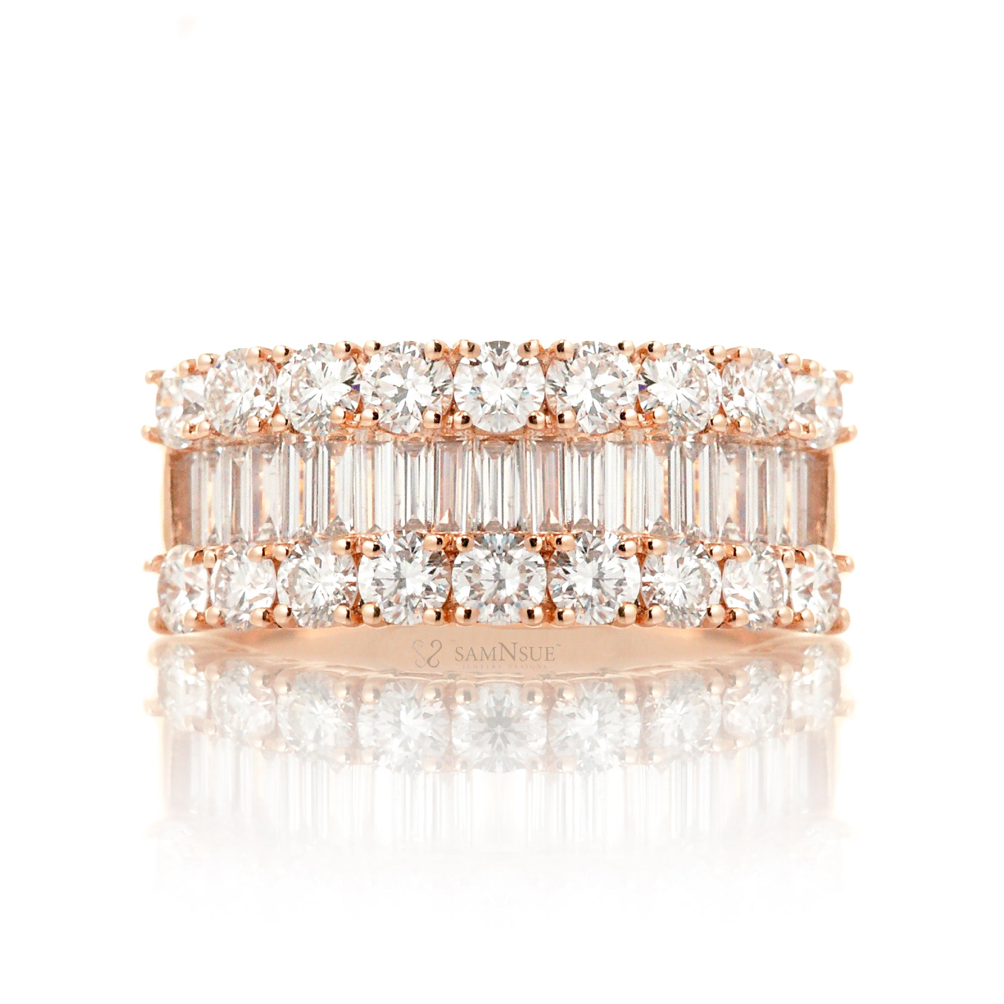 Three Rows Diamond Baguette Wedding Anniversary Band Rose gold
