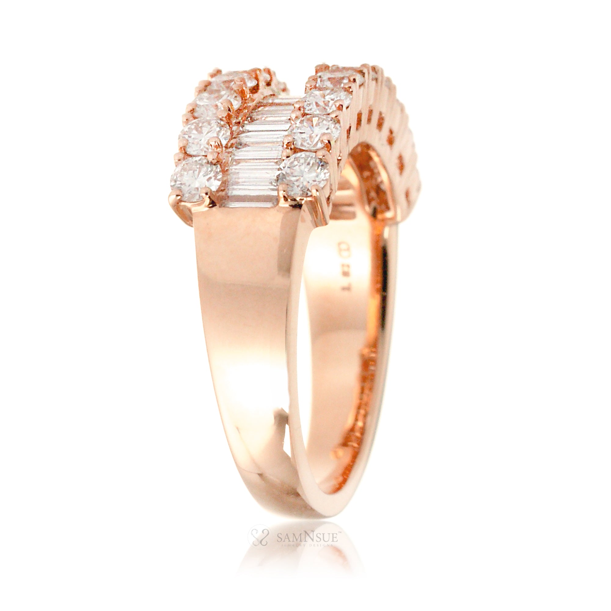 Three Rows Diamond Baguette Wedding Anniversary Band Rose gold