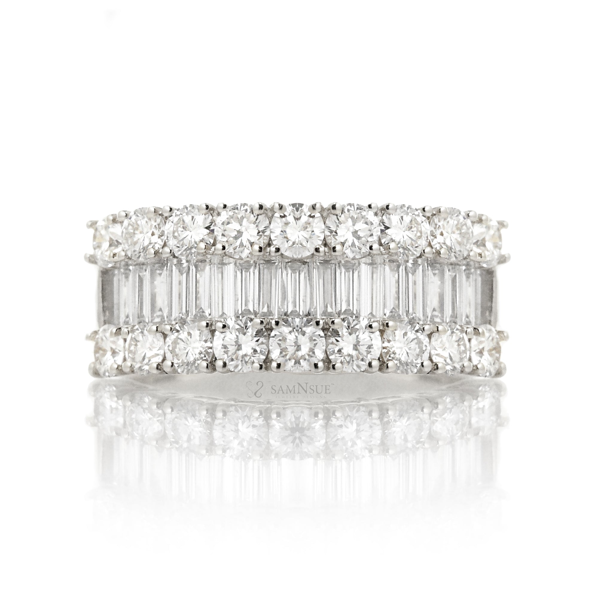 Three Rows Diamond Baguette Wedding Anniversary Band White gold