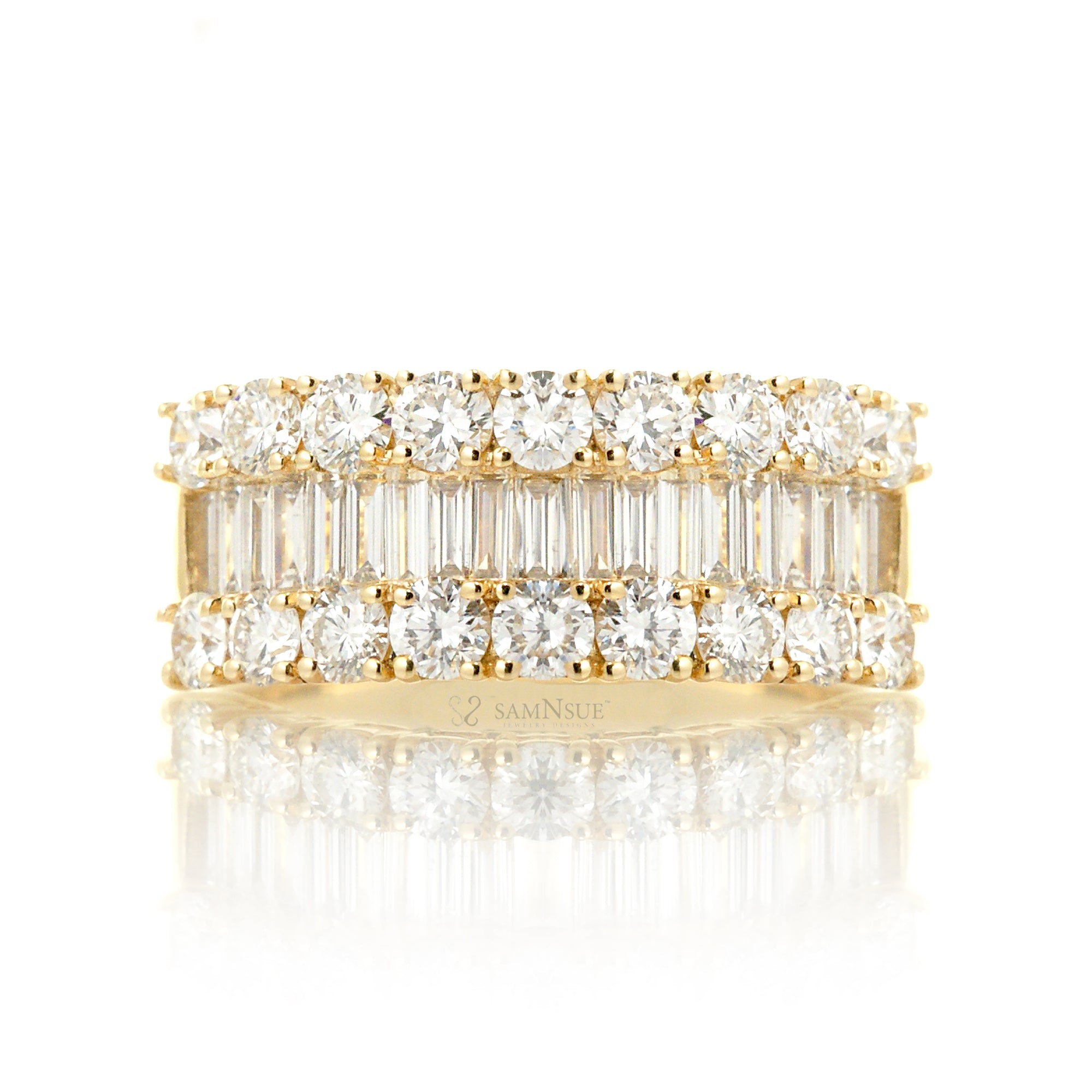 Three Rows Diamond Baguette Wedding Anniversary Band Yellow gold