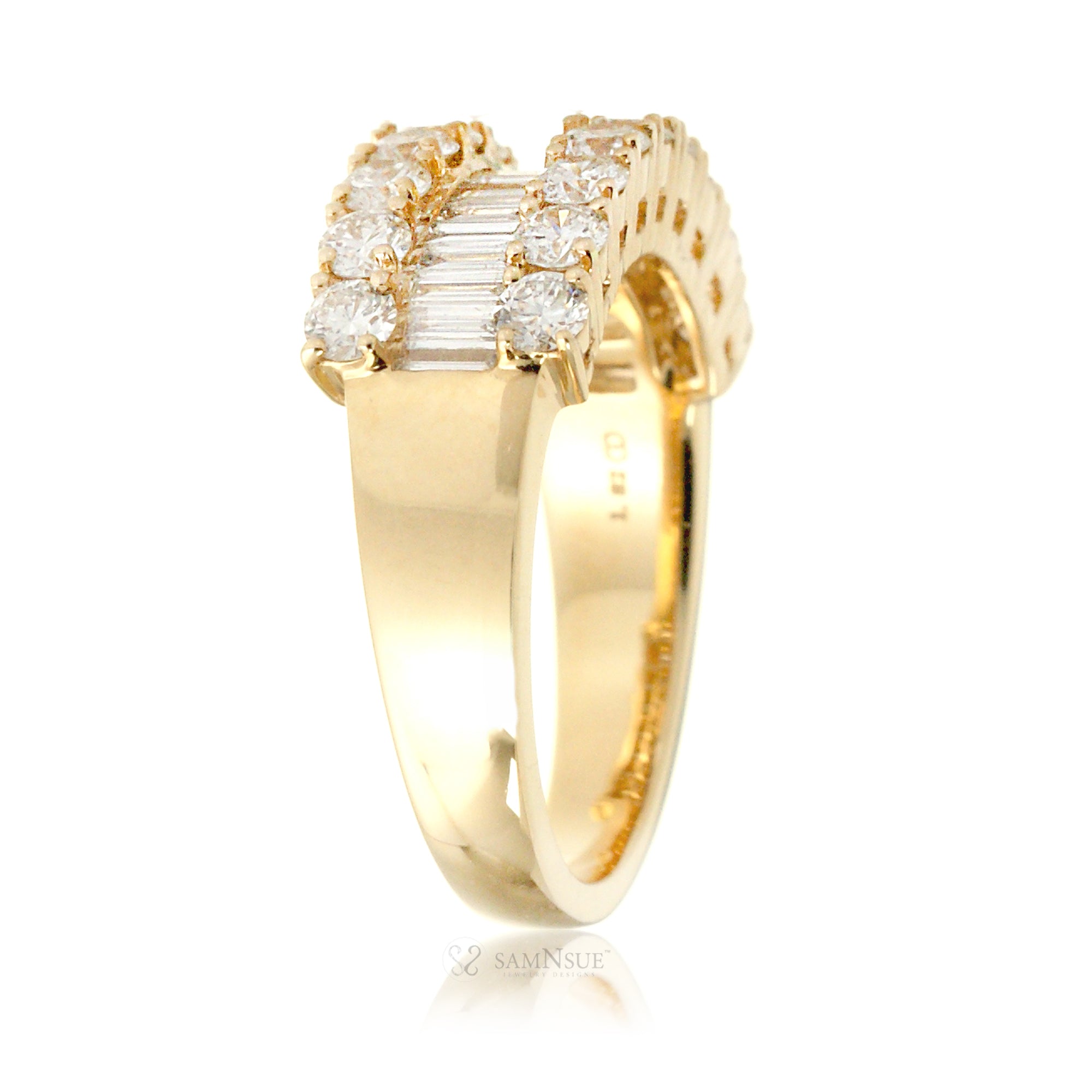 Three Rows Diamond Baguette Wedding Anniversary Band Yellow gold