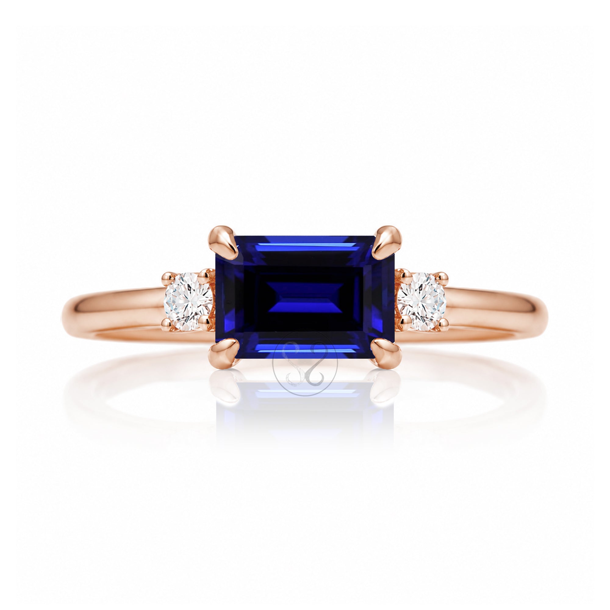 Blue sapphire emerald cut three stone ring the Lena rose gold
