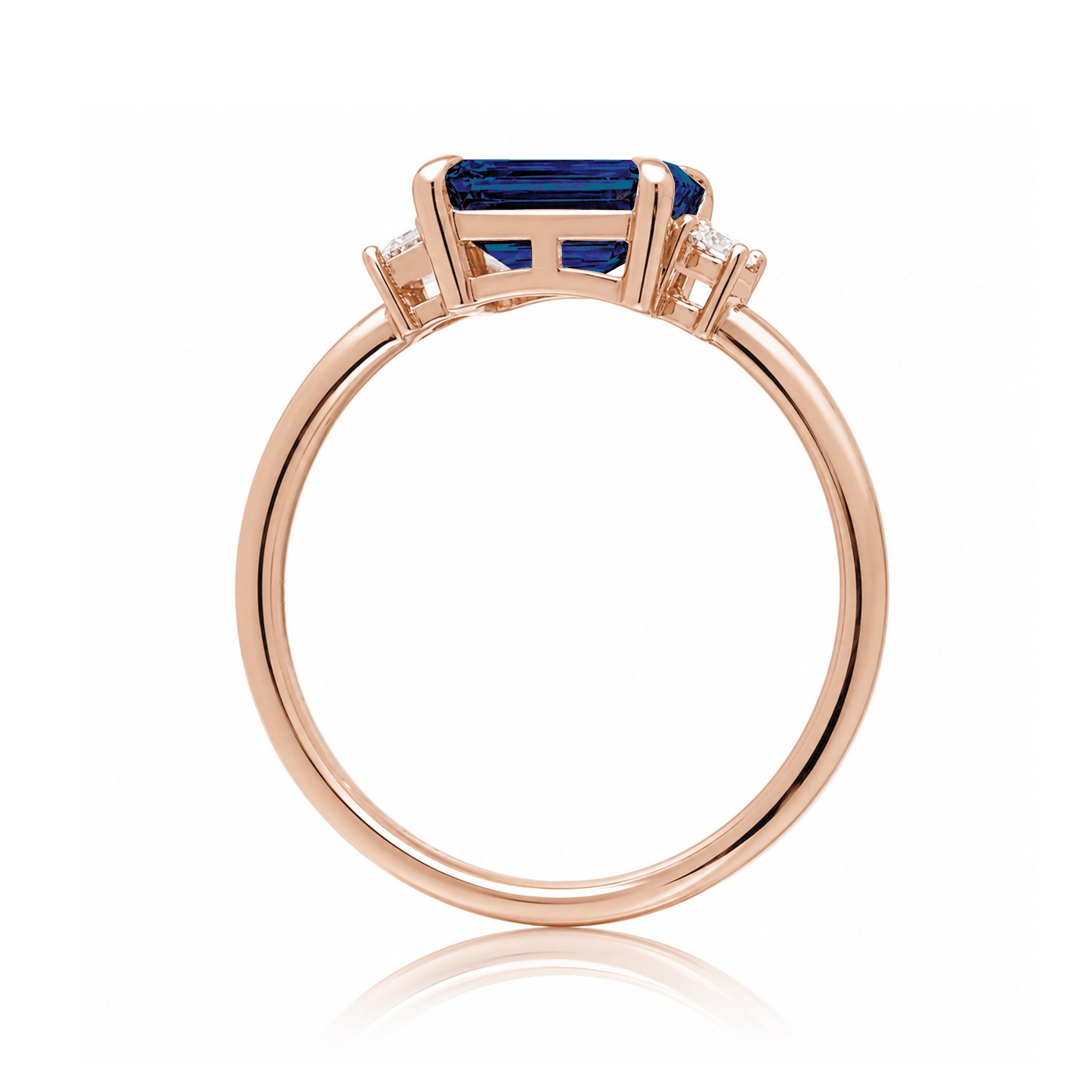 Blue sapphire emerald cut three stone ring the Lena rose gold