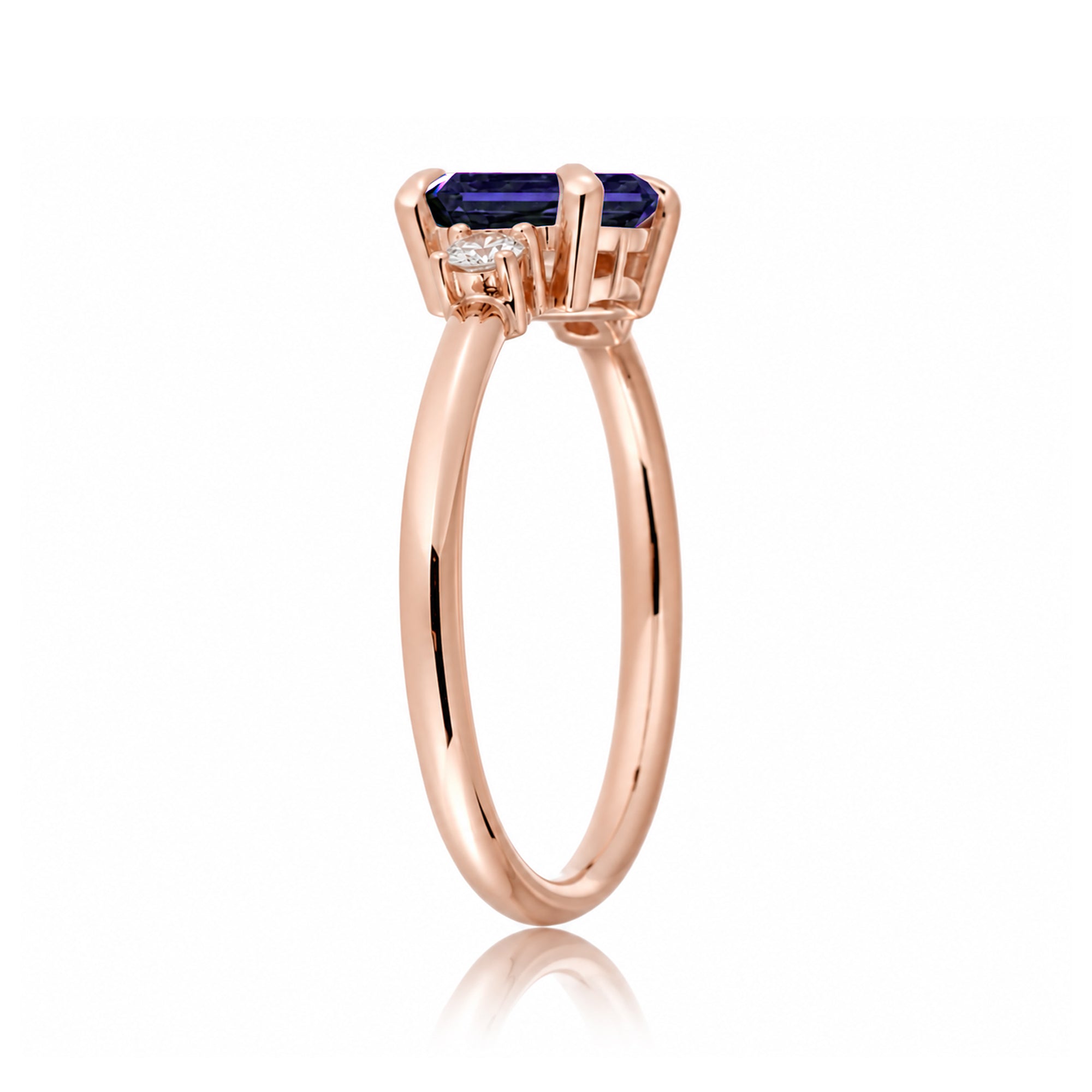 Blue sapphire emerald cut three stone ring the Lena rose gold