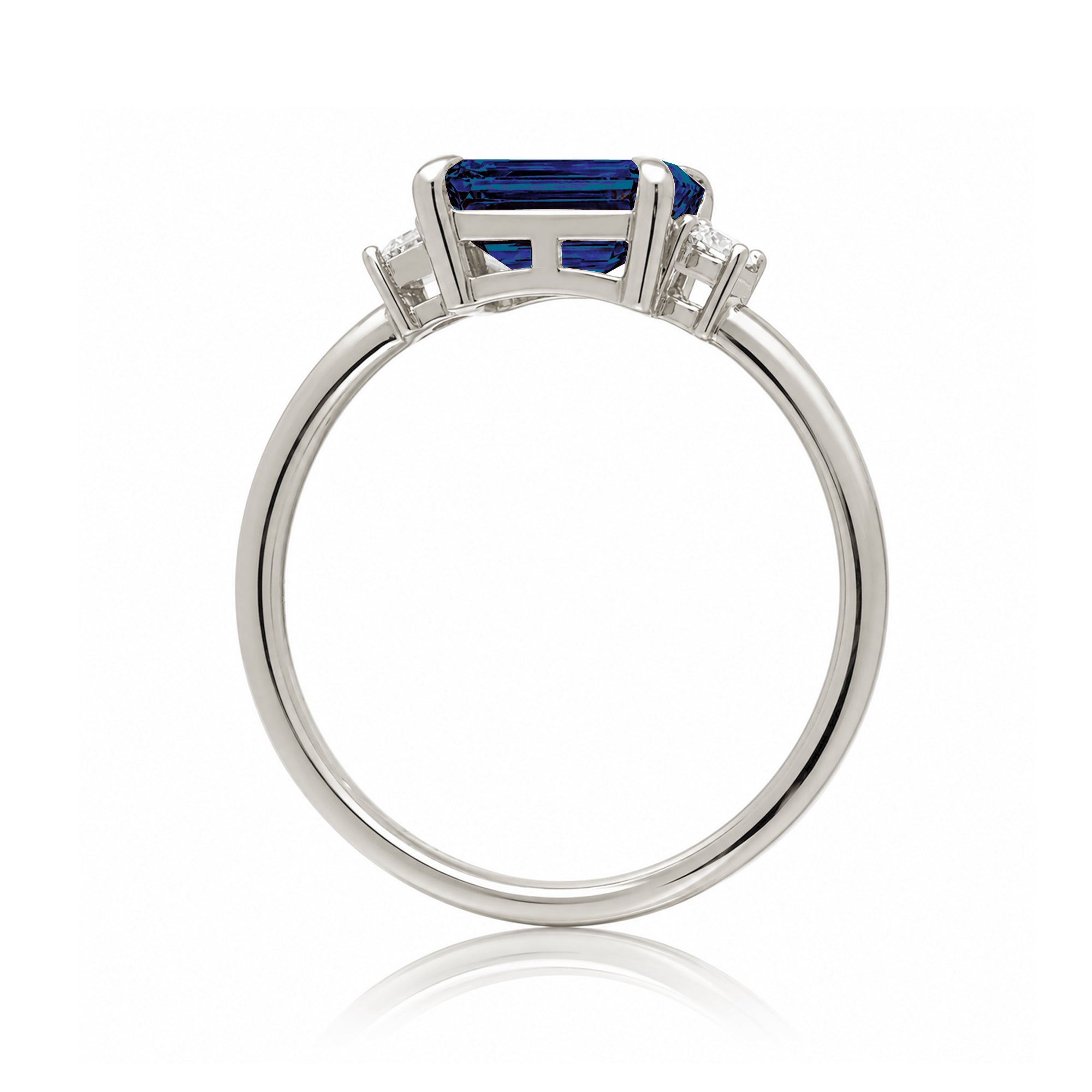 Blue sapphire emerald cut three stone ring the Lena white gold