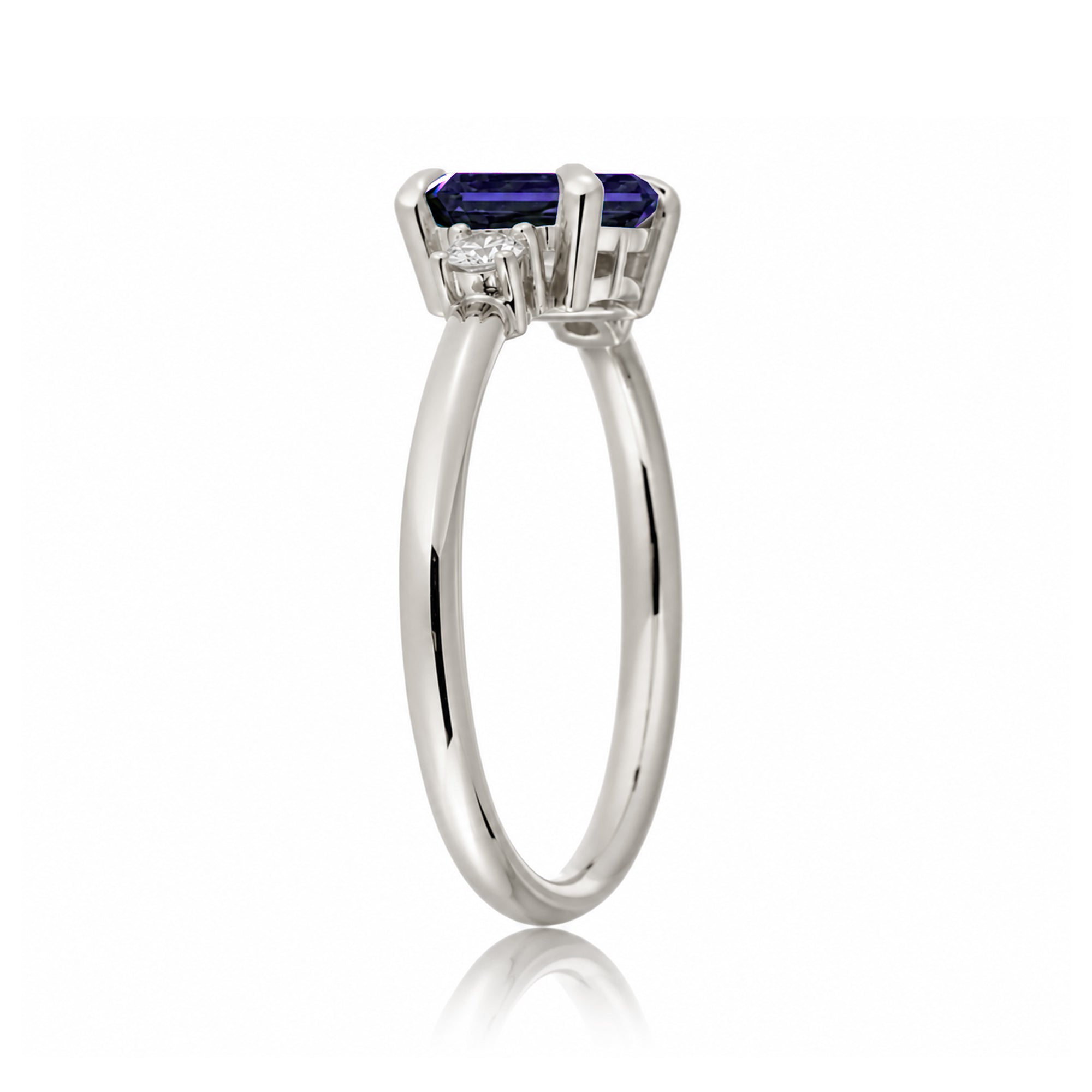 Blue sapphire emerald cut three stone ring the Lena white gold