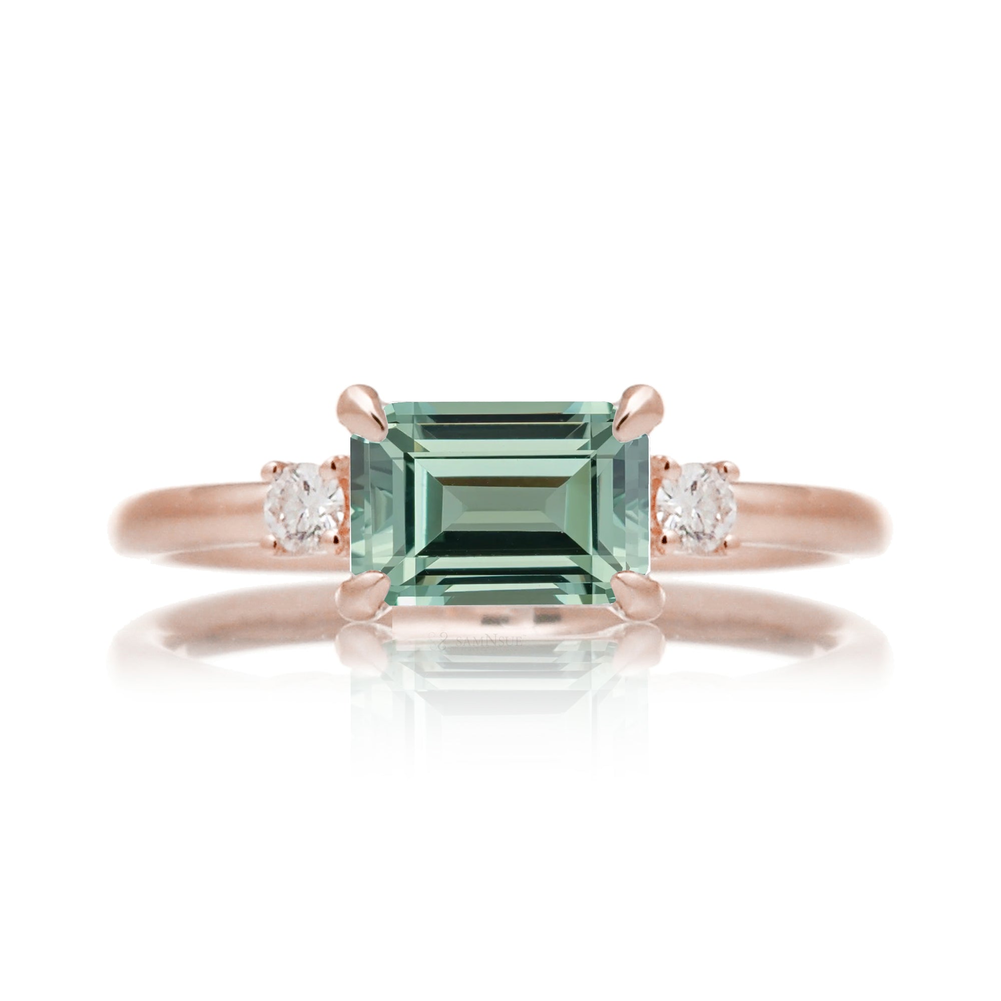 Emerald cut green sapphire three stone ring the Lena rose gold