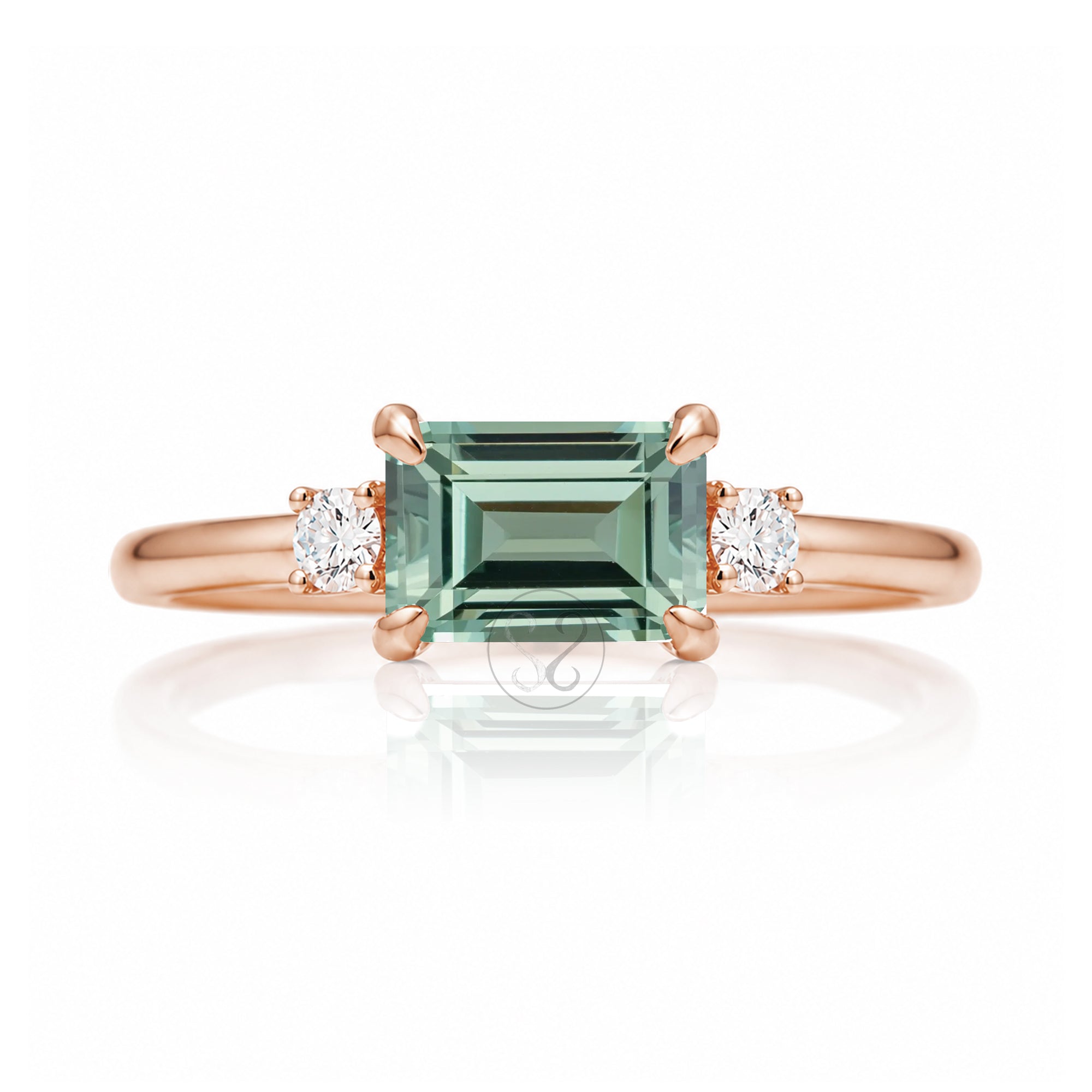 Emerald cut green sapphire three stone ring the Lena rose gold