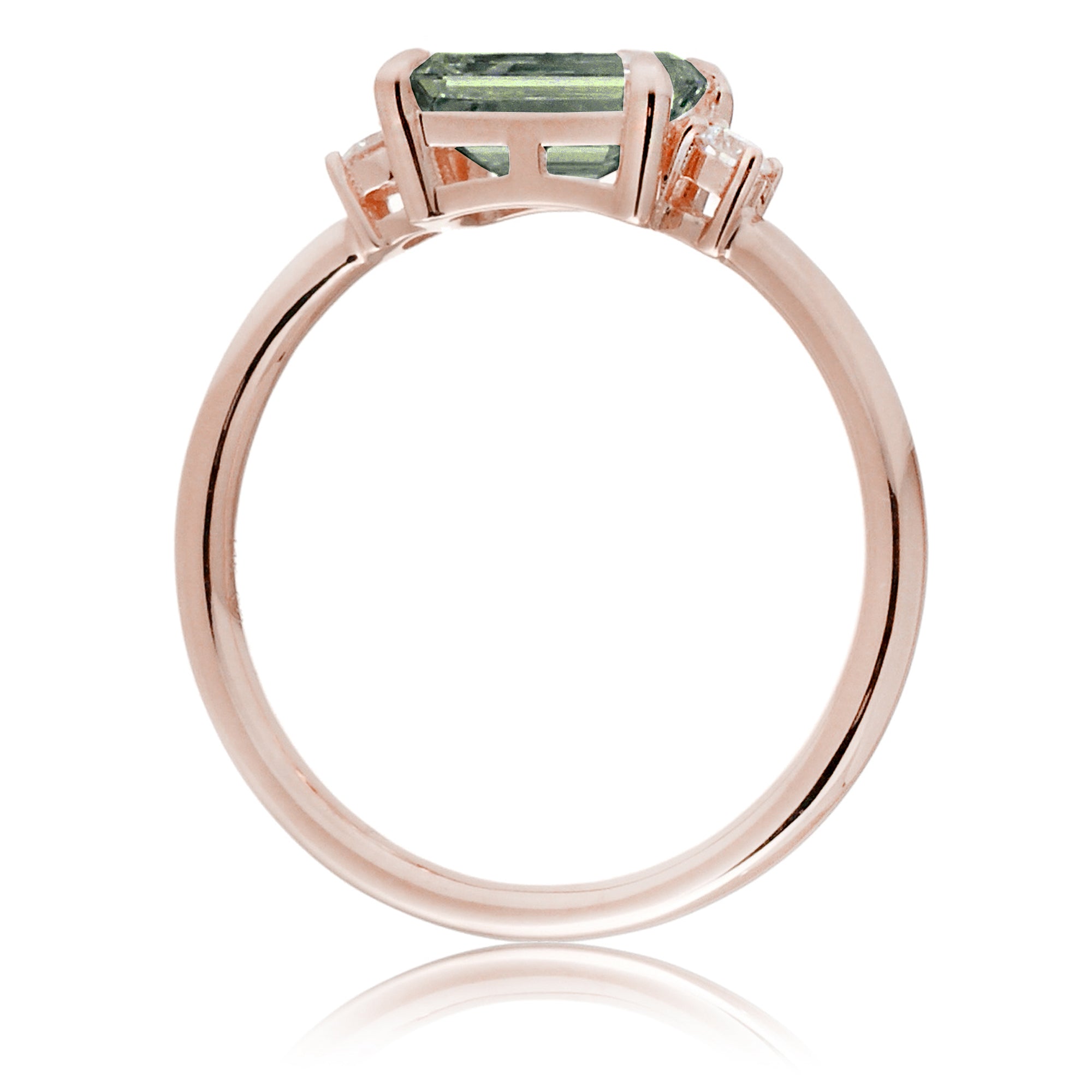 Emerald cut green sapphire three stone ring the Lena rose gold