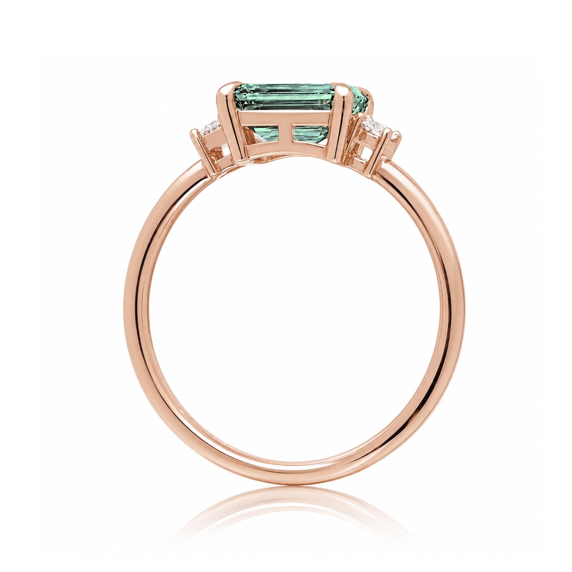 Emerald cut green sapphire three stone ring the Lena rose gold