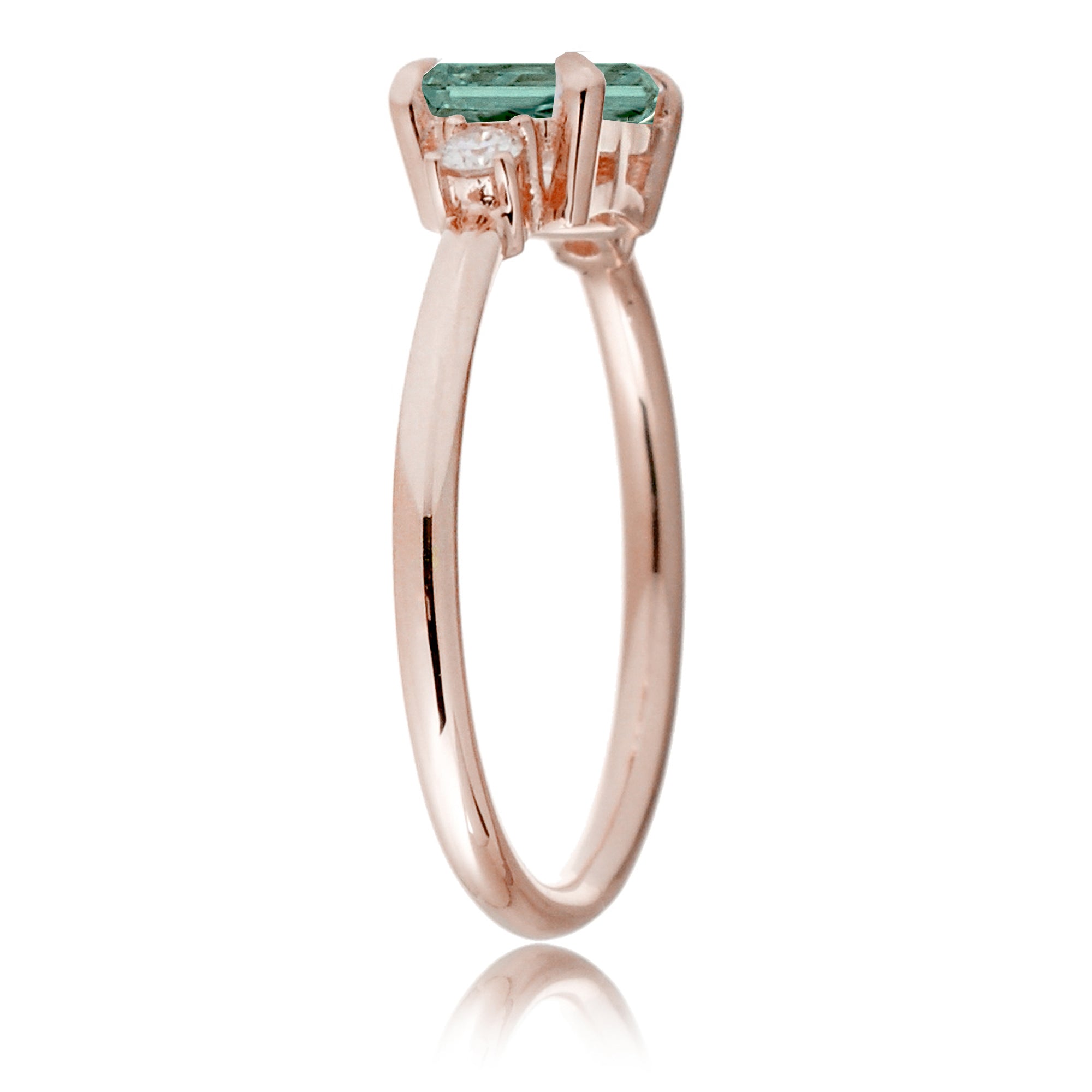 Emerald cut green sapphire three stone ring the Lena rose gold