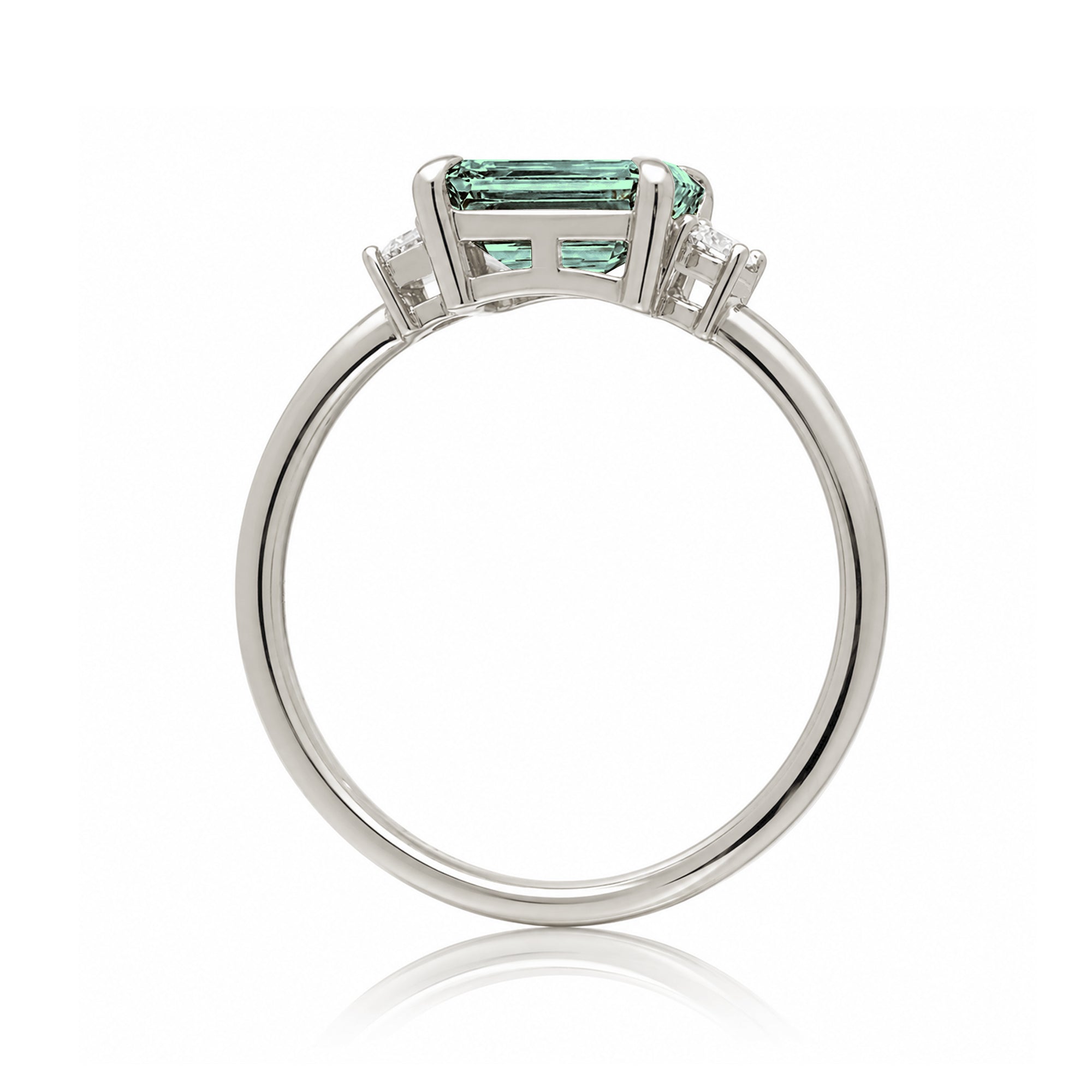 Emerald cut green sapphire three stone ring the Lena white gold