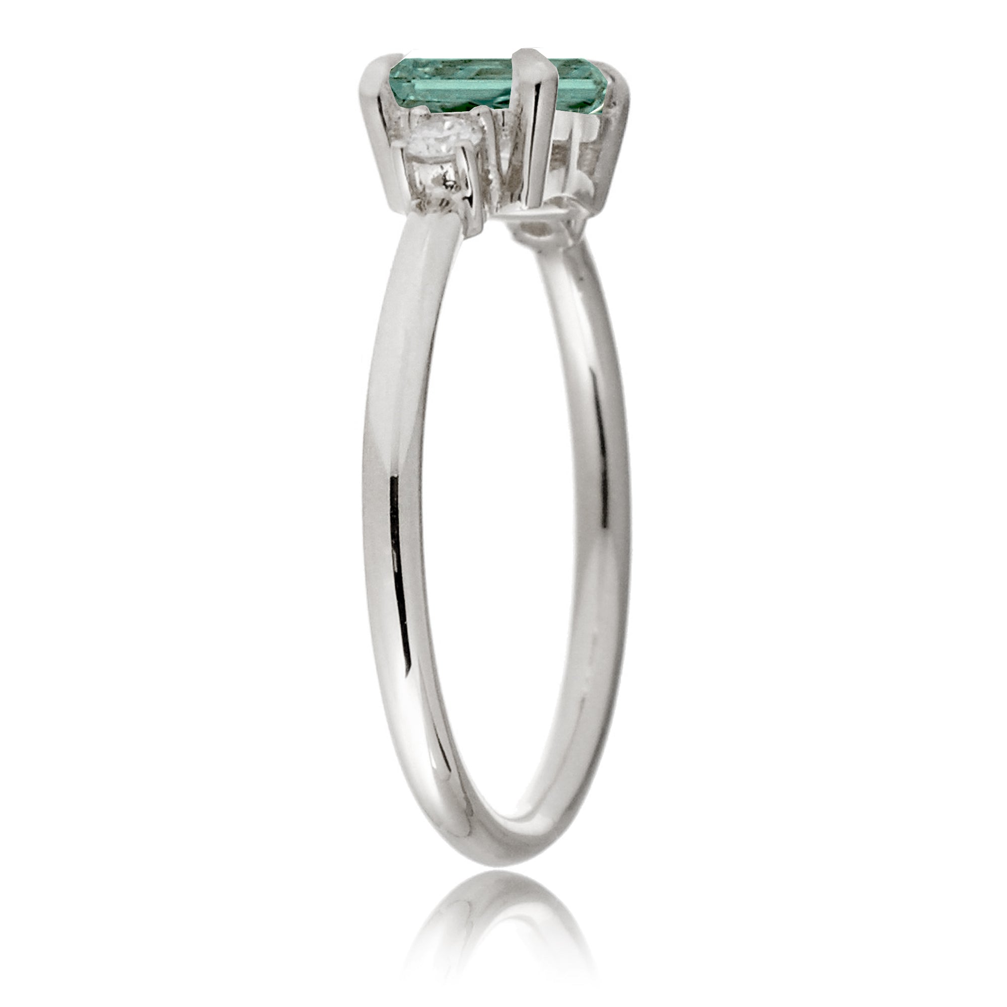 Emerald cut green sapphire three stone ring the Lena white gold