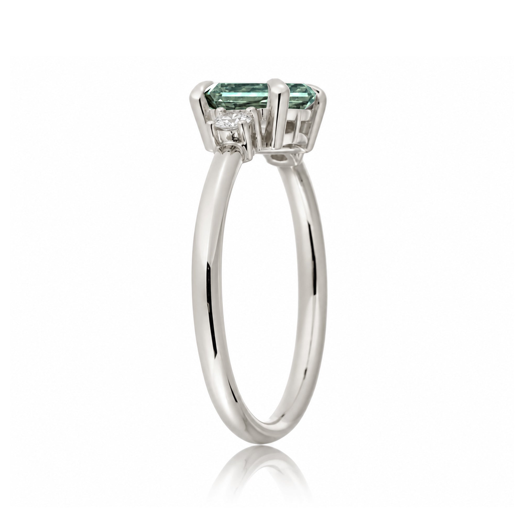 Emerald cut green sapphire three stone ring the Lena white gold