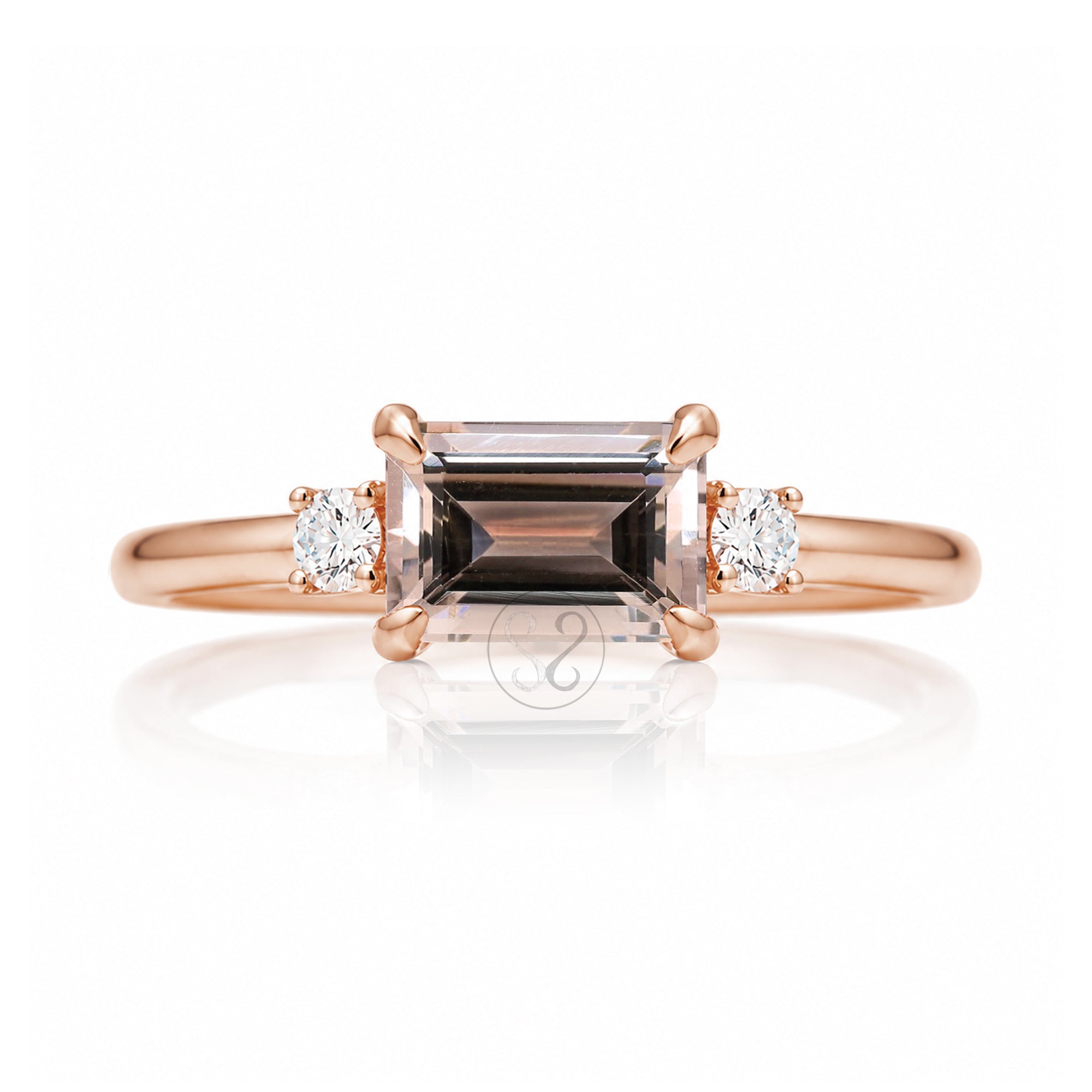 Morganite three stone east-west diamond ring the Lena Rose gold