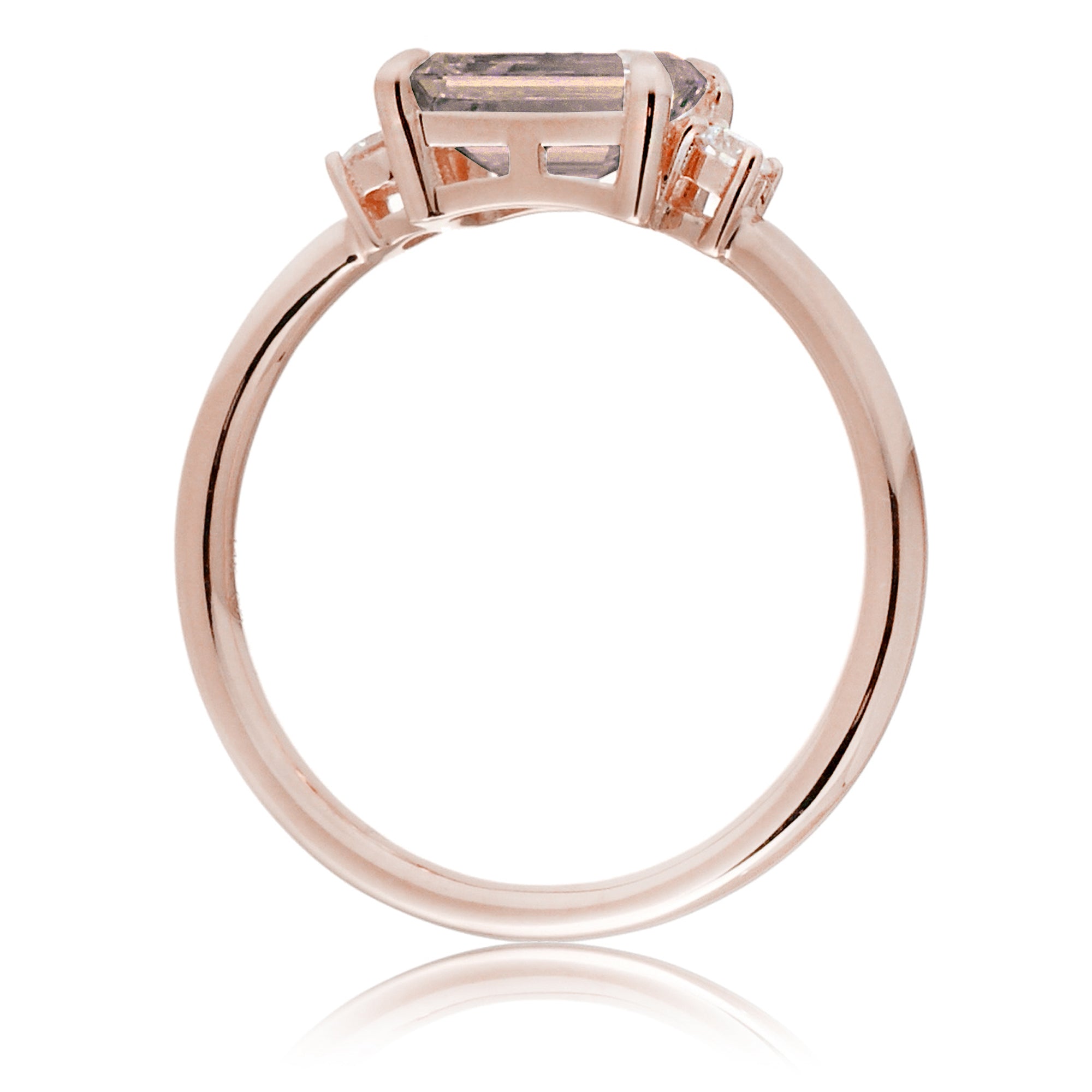 Morganite three stone east-west diamond ring the Lena Rose gold