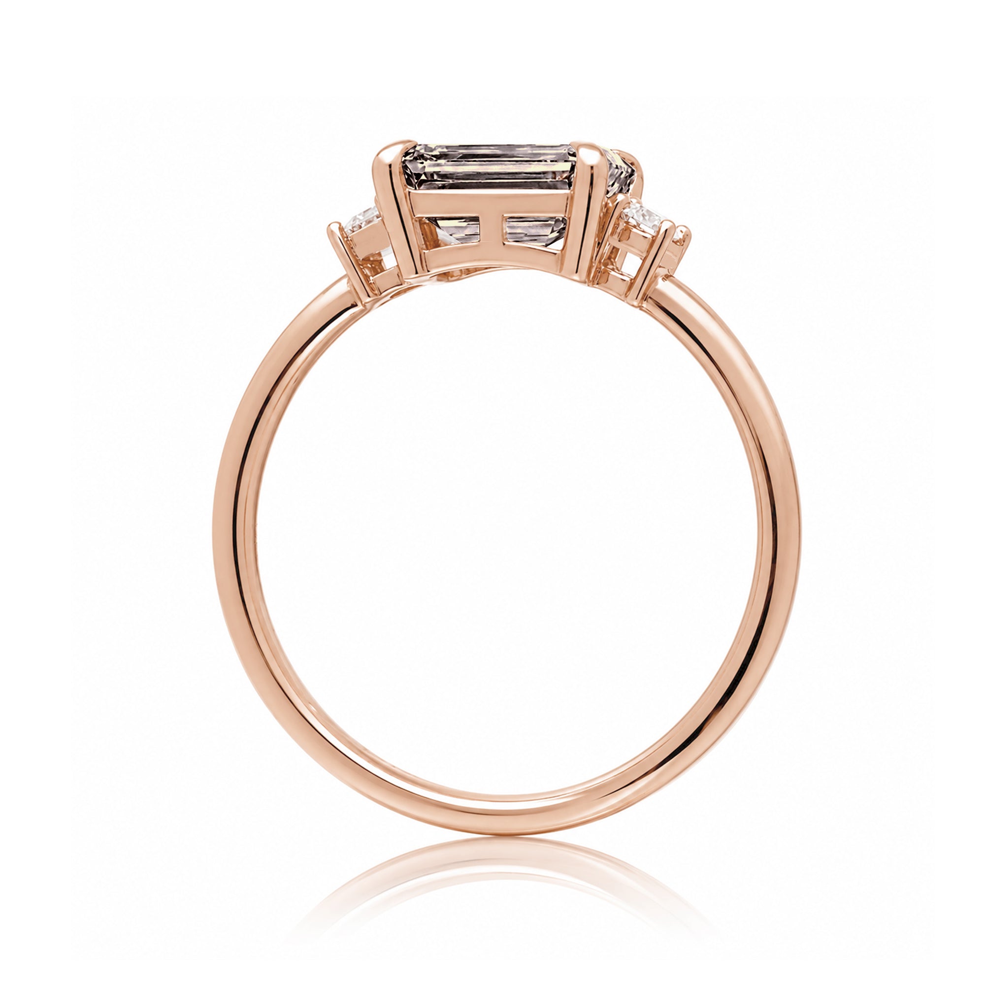 Morganite three stone east-west diamond ring the Lena Rose gold