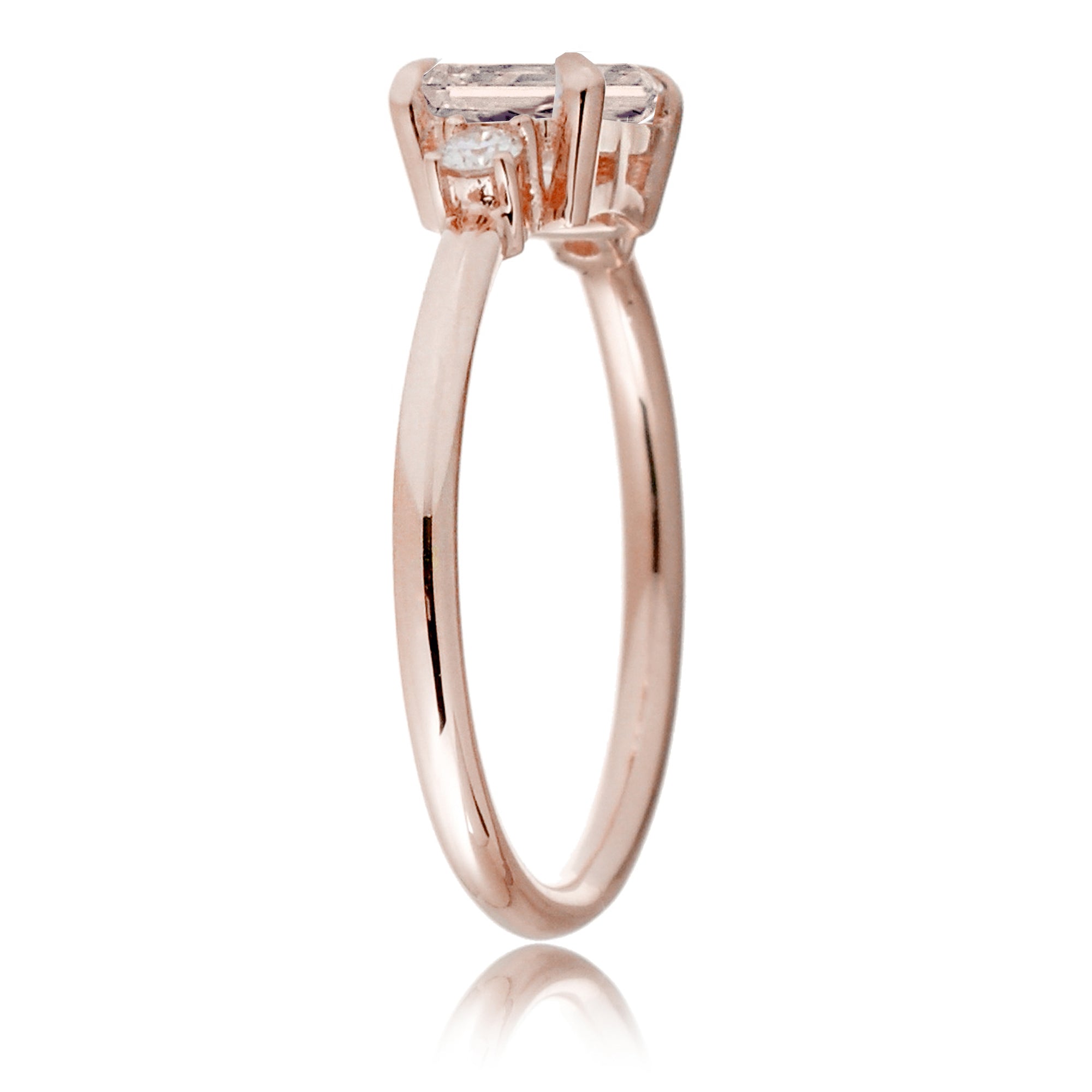 Morganite three stone east-west diamond ring the Lena Rose gold