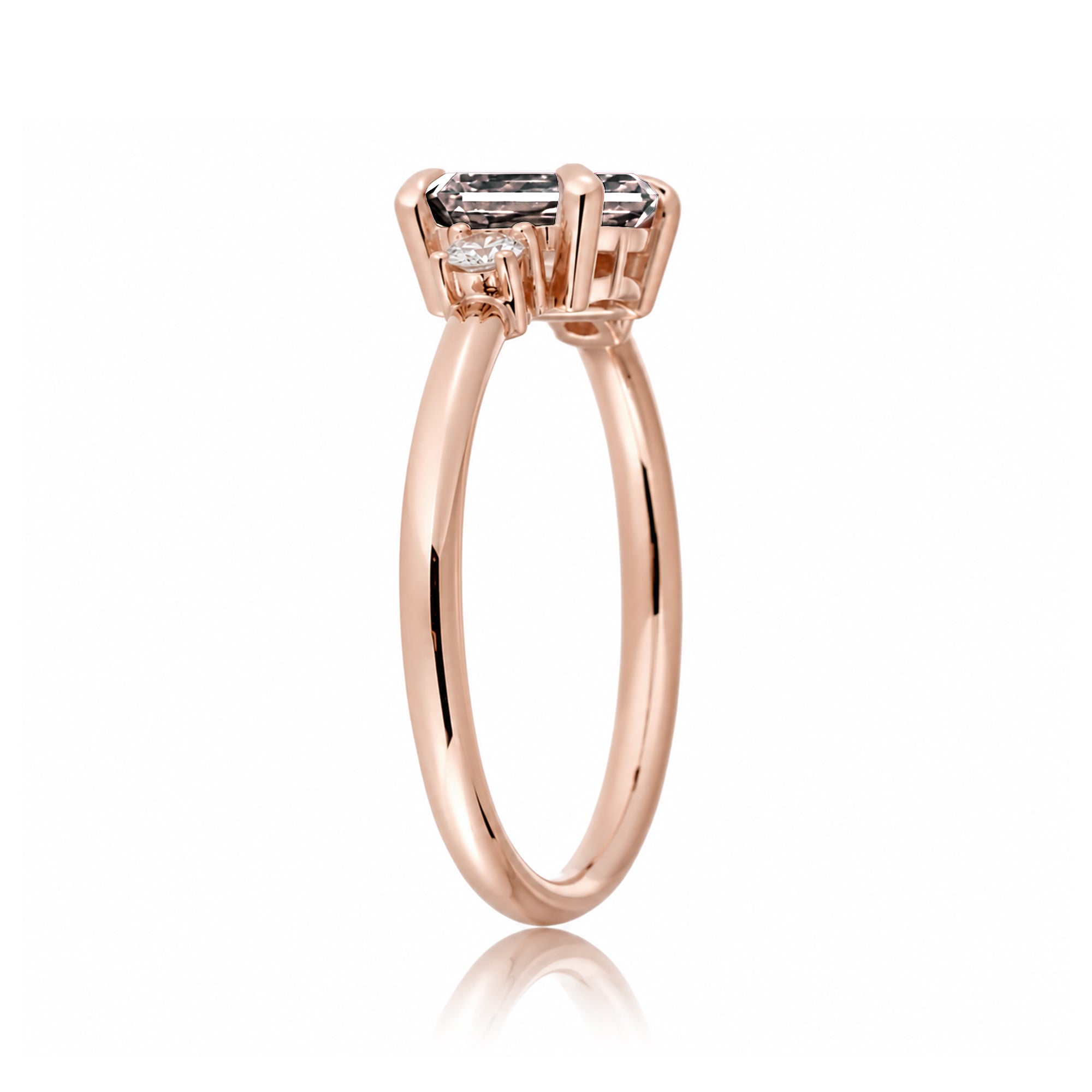 Morganite three stone east-west diamond ring the Lena Rose gold