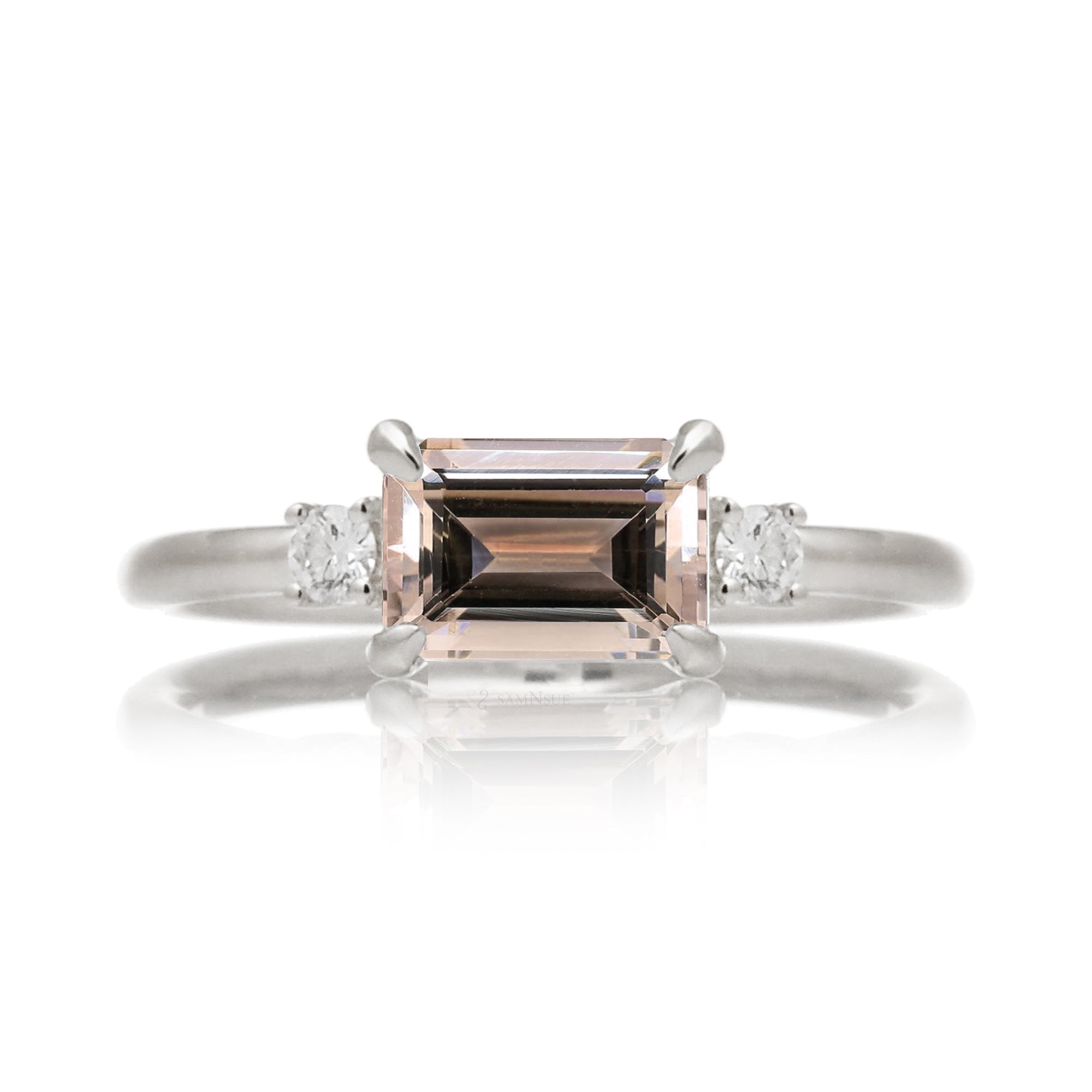 Morganite three stone east-west diamond ring the Lena white gold