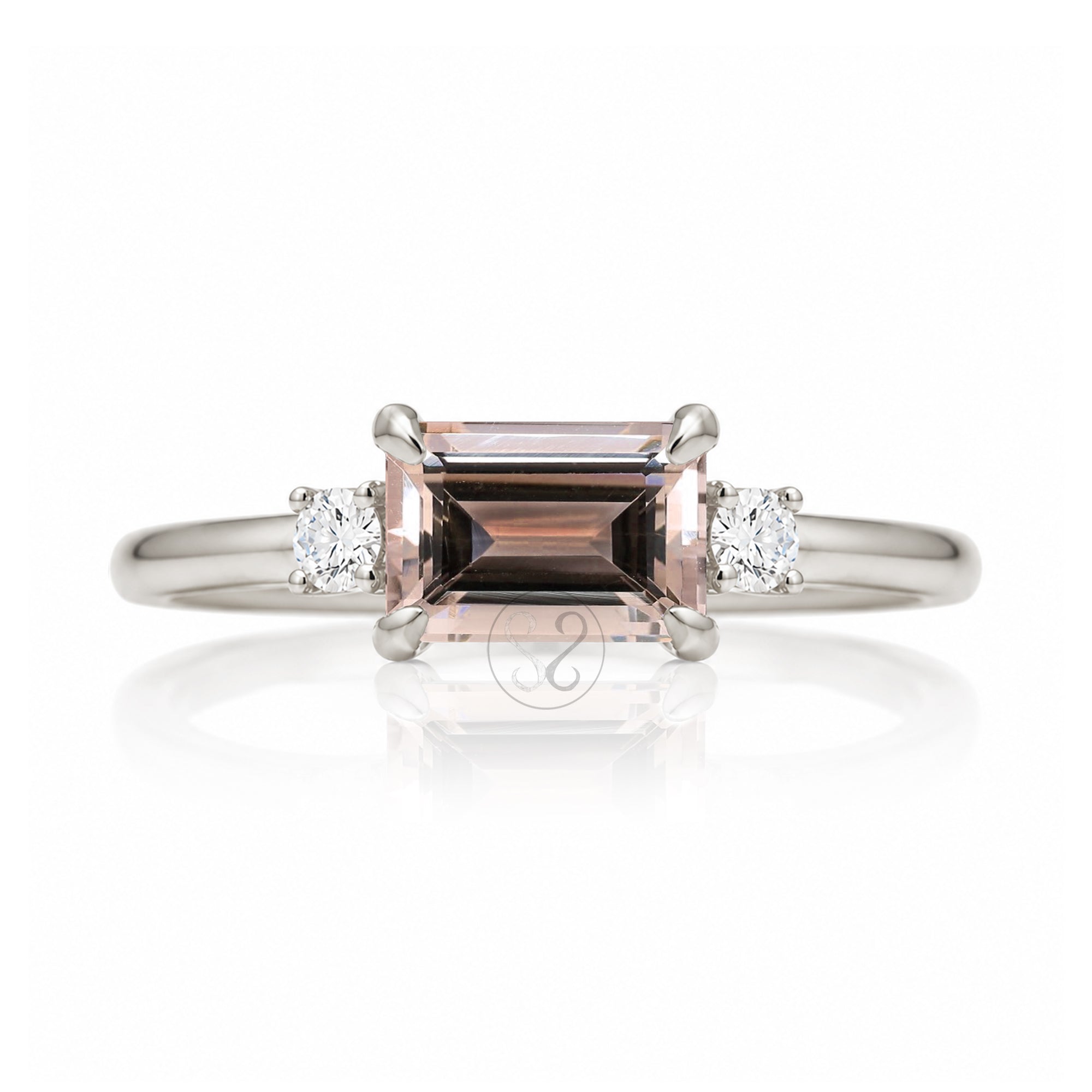 Morganite three stone east-west diamond ring the Lena white gold