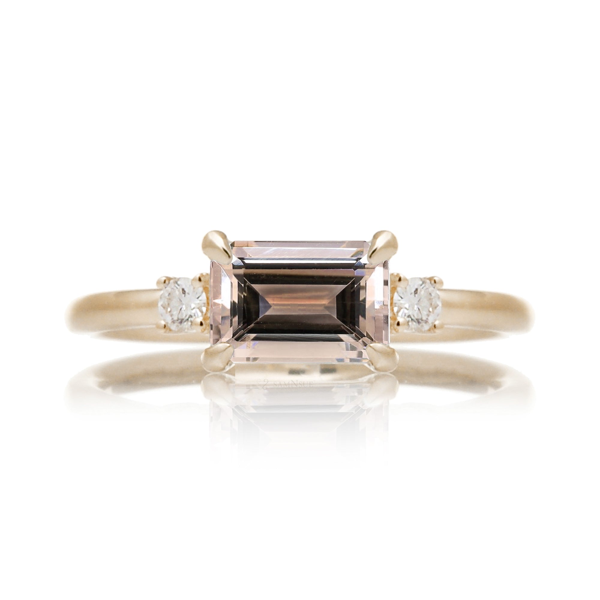 Morganite three stone east-west diamond ring the Lena yellow gold