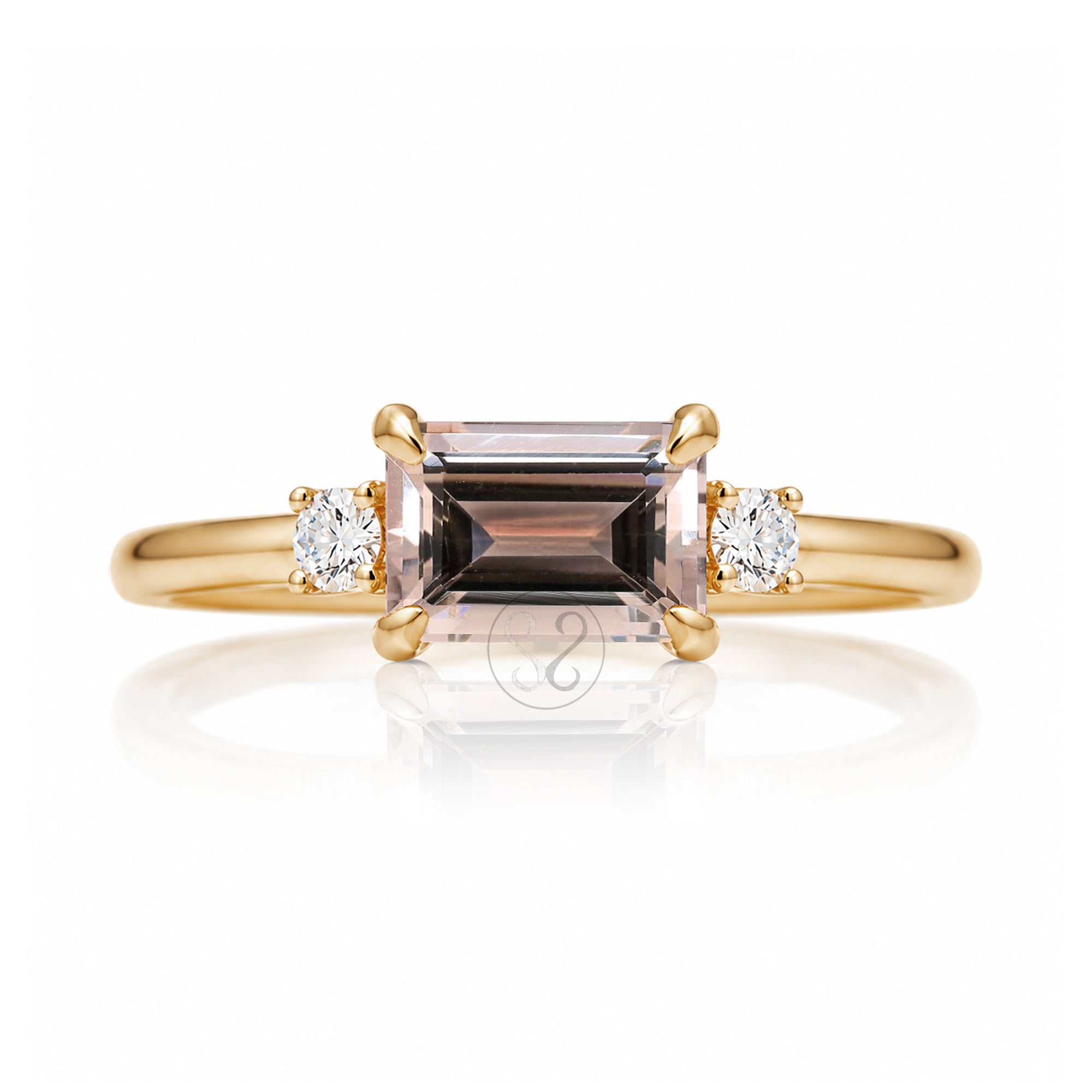 Morganite three stone east-west diamond ring the Lena yellow gold