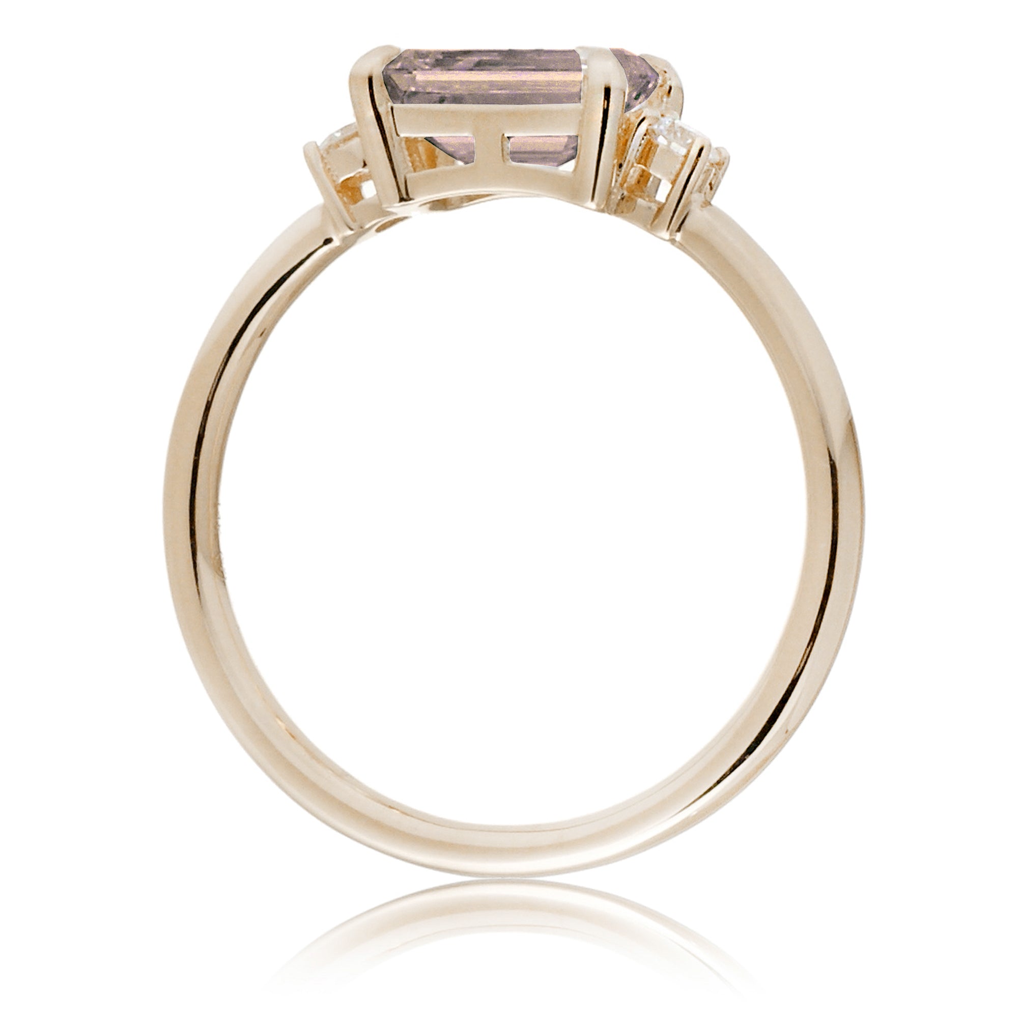 Morganite three stone east-west diamond ring the Lena yellow gold