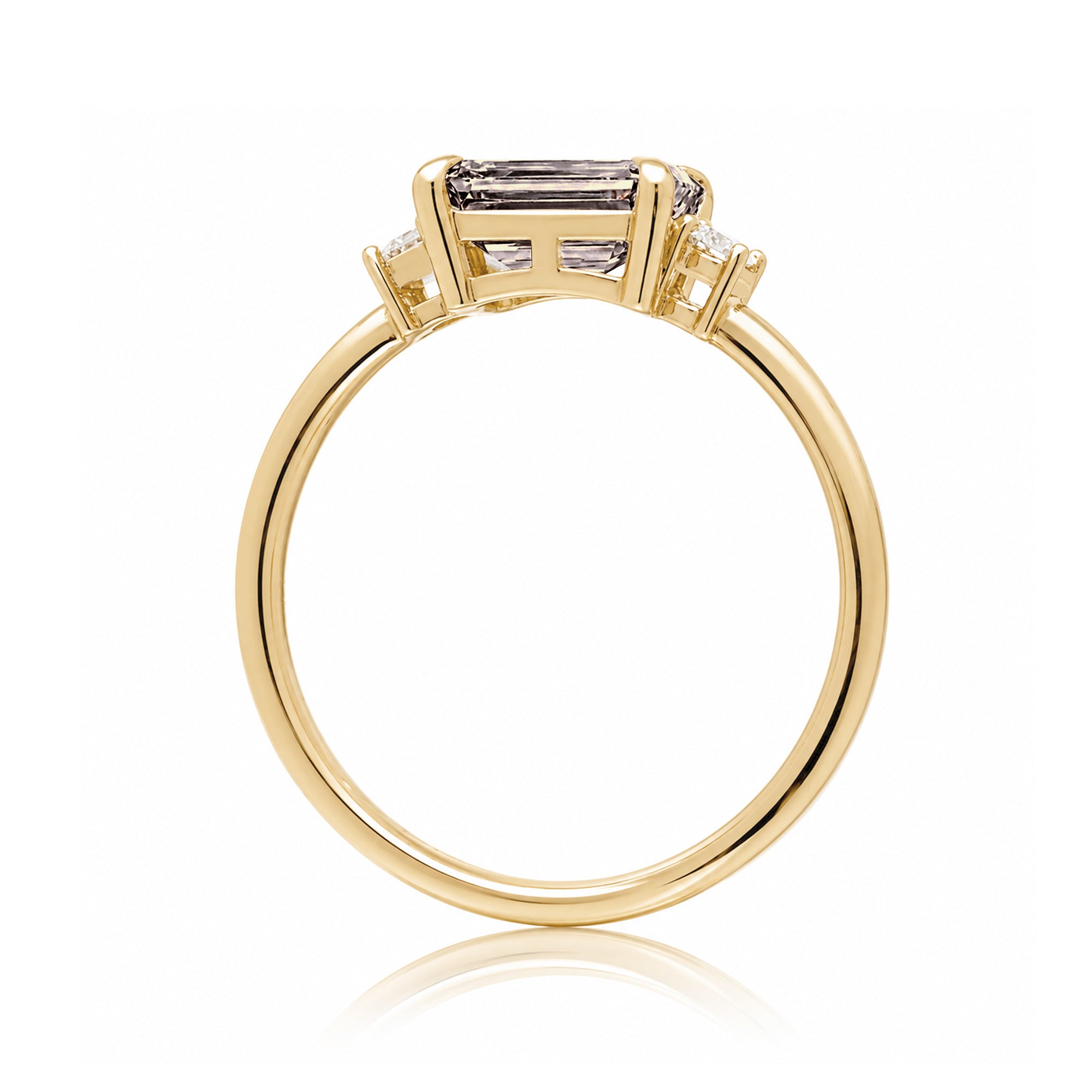 Morganite three stone east-west diamond ring the Lena yellow gold