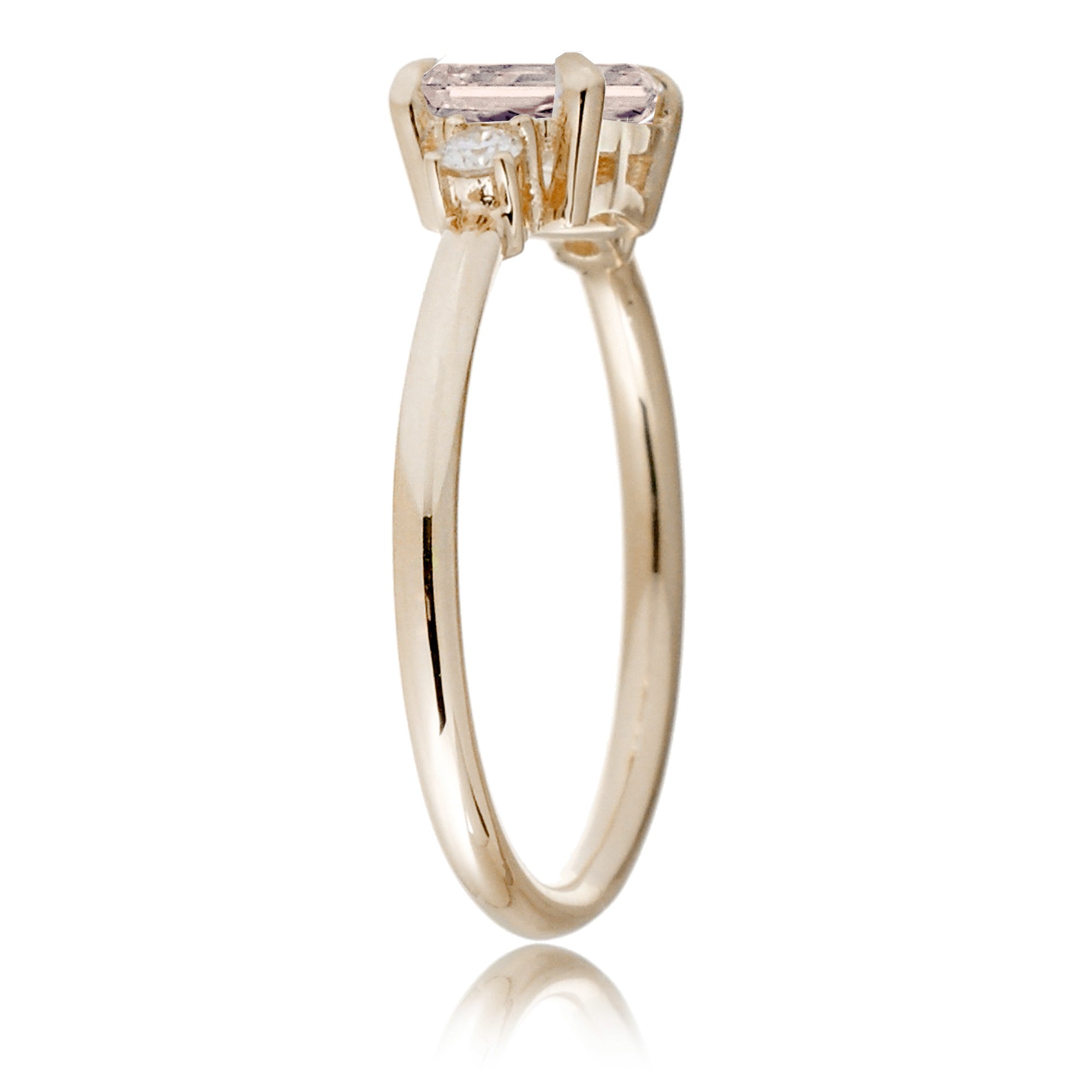 Morganite three stone east-west diamond ring the Lena yellow gold