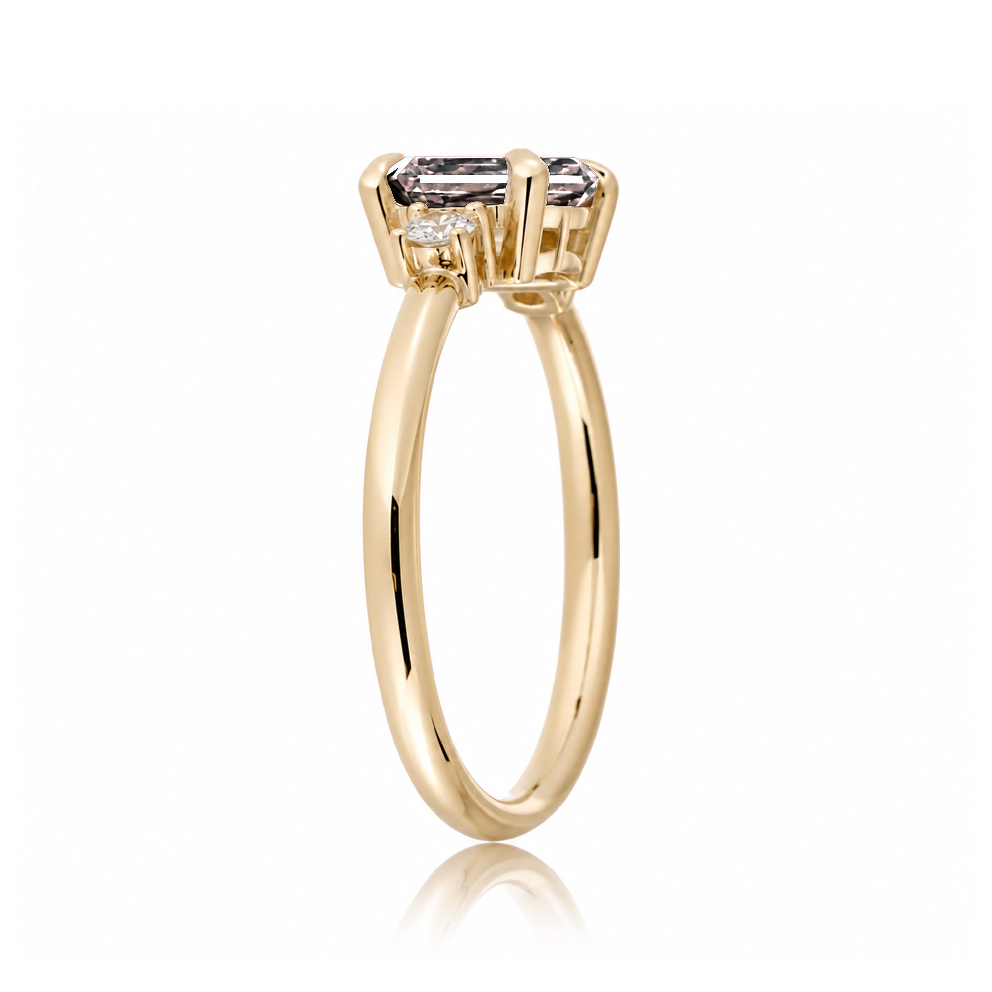 Morganite three stone east-west diamond ring the Lena yellow gold